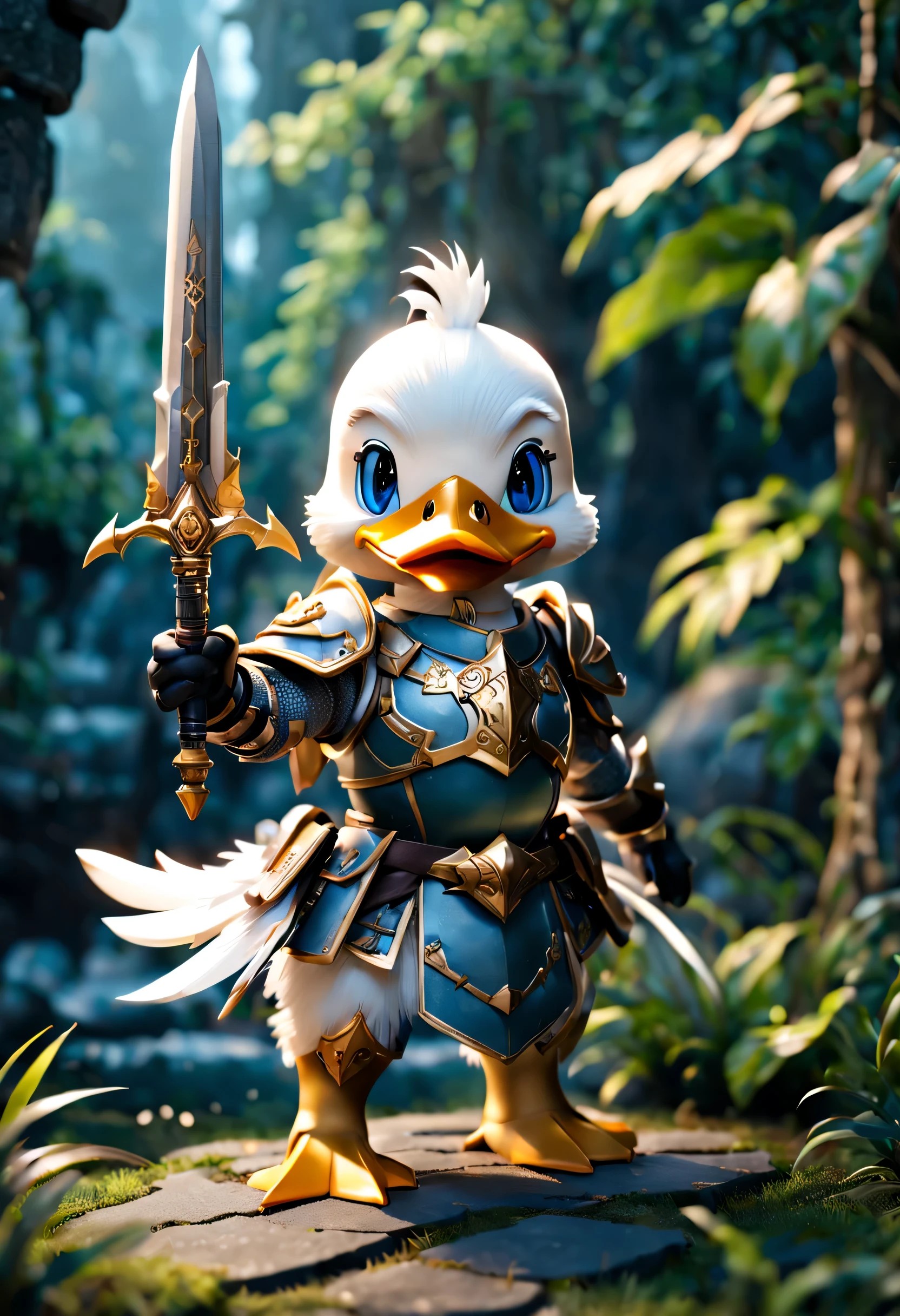 Full body Esbian、cool duck、pop duck、diorama、simple background、background white、paladin、armor、big sword、masterpiece, highest quality, Capture the cutest moments, Depth of written boundary, Super detailed, ultra high resolution, octadale, 8K, 16km race