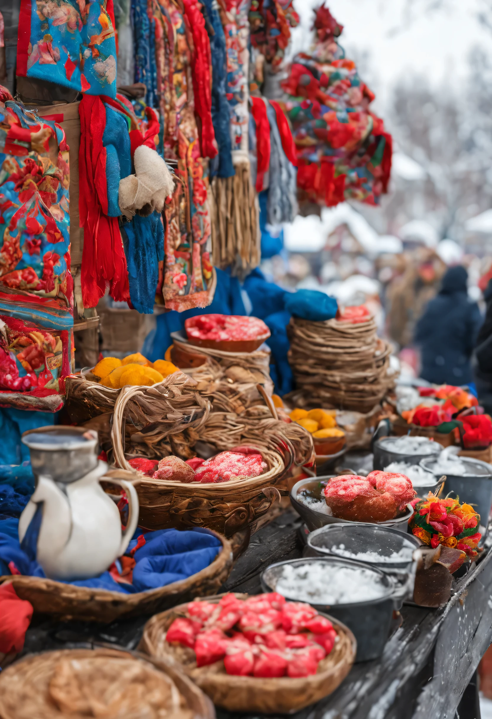 photograph of a winter street fair in Russian folk traditions, bright colors, textile, snow, Memorabilia, good, samovar and other attributes, modern items may also be present