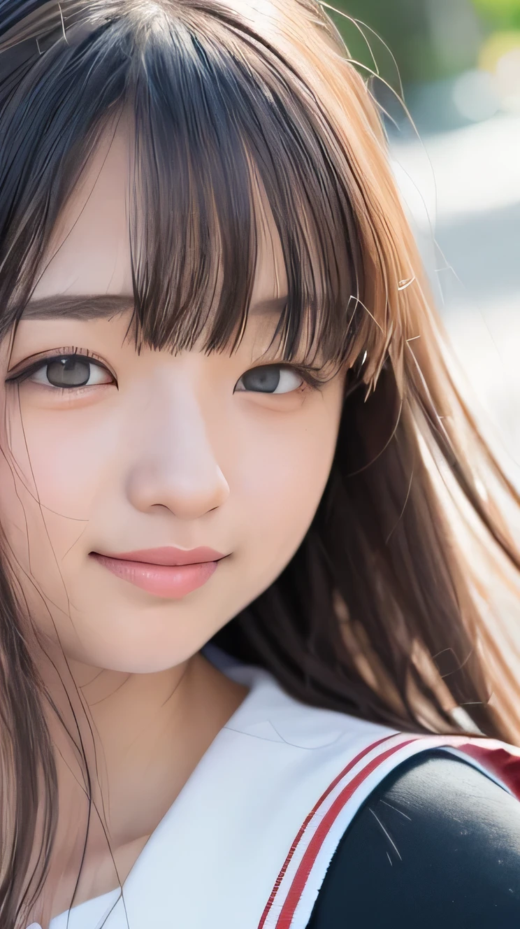 (masterpiece, highest quality:1.2), 8K, official art, RAW photo, incredibly absurd, (Upper body, sailor suit, serafuku:1.4), beautiful girl, cute face, (charming smile:1.2), arch back, (navy pleated skirt:1.1), close, school uniform, short sleeve, gardenia, violaces, Ten generations, street, looking at the viewer, no makeup, film grain, chromatic aberration, sharp focus, face light, dynamic lighting, cinematic lighting, detailed eyes and face, background bokeh