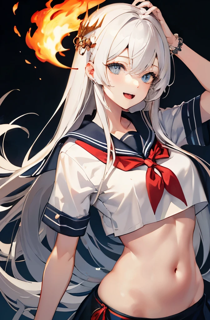 highest quality, masterpiece, High resolution, 一人in, {Fujiwara no Seiko_East:1.15}, white_hair, length_hair, beautiful and fine beads_eye, chest, hair_between_eye, oversize_chest, smile, 1 girl, sailor suit, looking for_in_viewer, simple_background, gray_background, is open_mouth, black_coin, belly button, white_background、Flames from the palm of your hand、a large ribbon on the head