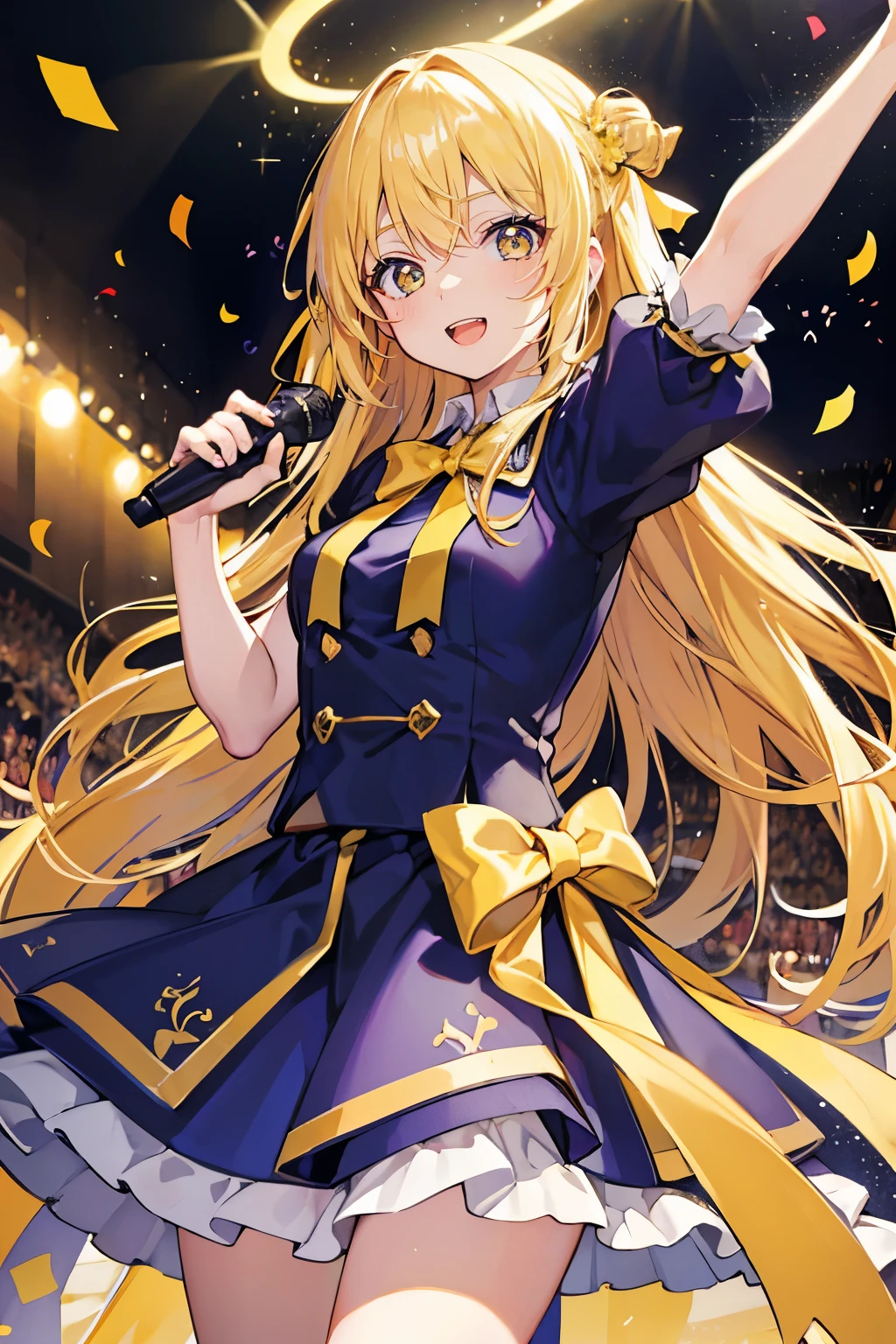 (muste piece), (best quality), very detailed, ((1 girl)), solo focus,Low - Angle,dynamic,jump,((A big smile)),perfect face, beautiful face, very detailedな顔,(blonde long hair_yellow eyes:1.3),idol costume,Solo Idol,Ribbon hair ornament,concert dome,live,have a microphone,singing,Smiling with mouth wide open,Laser Light,confetti