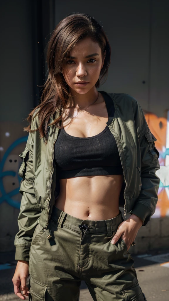 Woman wearing a cropped top and cargo pants, with a jacket, exposing her midriff. (best quality, highres), vivid colors, sharp focus, professional, physically-based rendering, ultra-detailed, studio lighting, (realistic:1.37), anime style, colorful palette, soft lighting, dynamic pose, urban setting, graffiti backdrop.