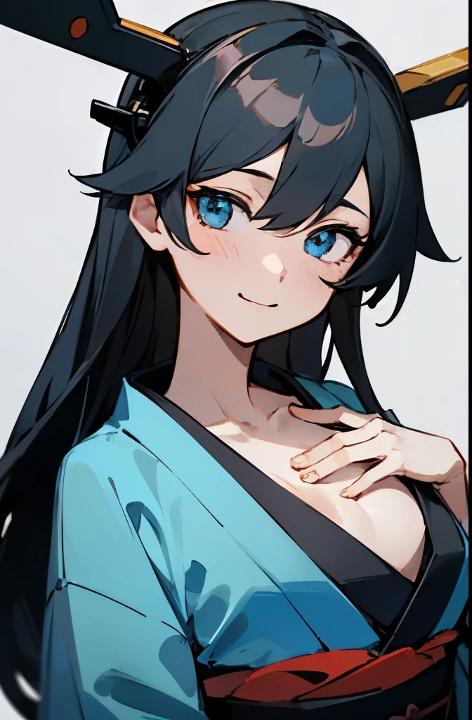 highest quality, masterpiece, High resolution, 一人in, {nagino_Kantai Collection:1.15}, black_hair, length_hair, blue_eye, chest, hair_between_eye, headgear, super big_chest, smile, 1 girl,kimono _body, looking for_in_viewer, simple_background, gray_background, closed_mouth, black_coin,, white_background