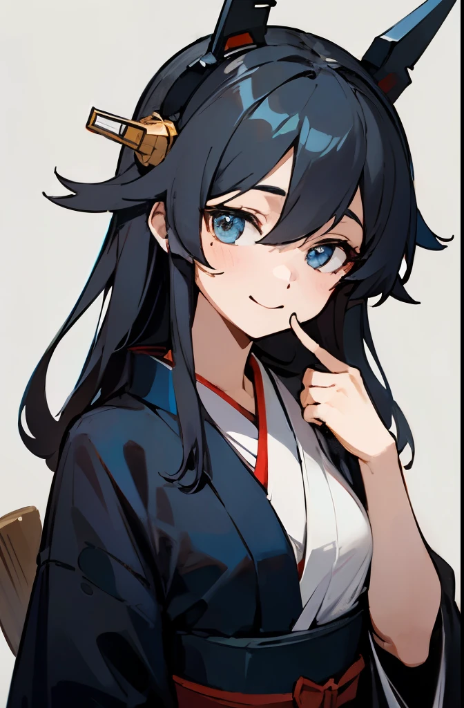 highest quality, masterpiece, High resolution, 一人in, {nagino_Kantai Collection:1.15}, black_hair, length_hair, blue_eye, chest, hair_between_eye, headgear, super big_chest, smile, 1 girl,kimono _body, looking for_in_viewer, simple_background, gray_background, closed_mouth, black_coin,, white_background