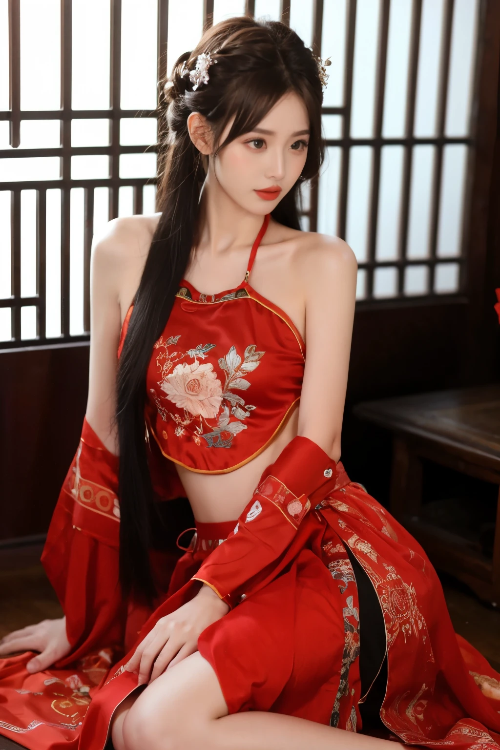 1 girl, skirt, hair accessories, red skirt, alone, Chinese clothes, long hair, sitting, bare shoulders, window, brown hair, bun, indoors, black hair,
looking at the audience
 