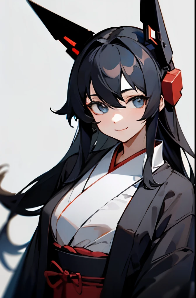 highest quality, masterpiece, High resolution, 一人in, {nagino_Kantai Collection:1.15}, black_hair, length_hair, blue_eye, chest, hair_between_eye, headgear, super big_chest, smile, 1 girl,kimono _body, looking for_in_viewer, simple_background, gray_background, closed_mouth, black_coin,, white_background