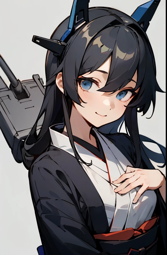 highest quality, masterpiece, High resolution, 一人in, {nagino_Kantai Collection:1.15}, black_hair, length_hair, blue_eye, chest, hair_between_eye, headgear, super big_chest, smile, 1 girl,kimono _body, looking for_in_viewer, simple_background, gray_background, closed_mouth, black_coin,, white_background