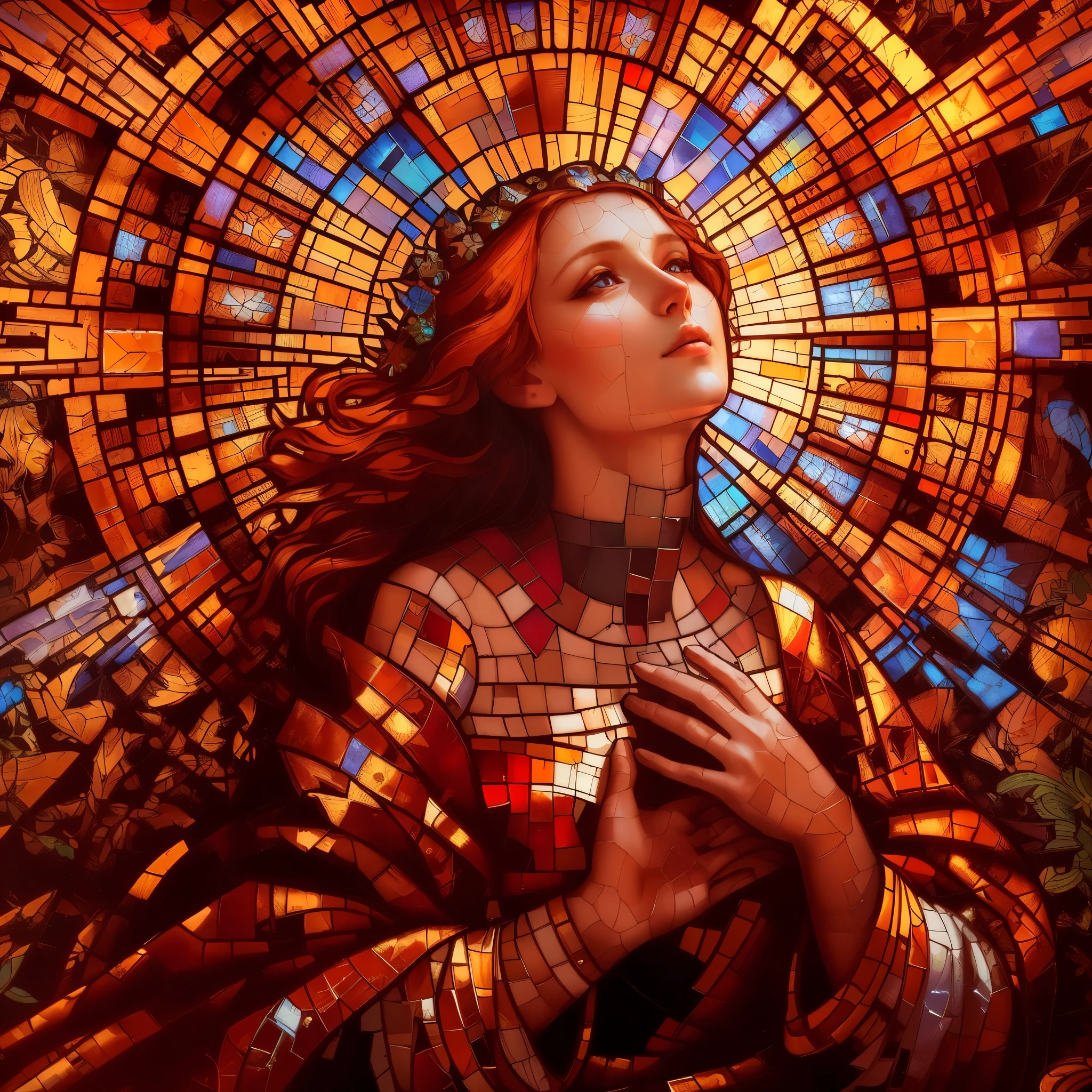 a close up of a stained glass window with a woman holding her hands, maxim verehin stained glass, stained glass art, mucha style 4k, majestic saint woman, queen of heaven, catholic religious art, sam guay, stained glass, inspired by Evelyn De Morgan, mucha. art nouveau. gloomhaven, glowing stained glass backdrop, stained glass style