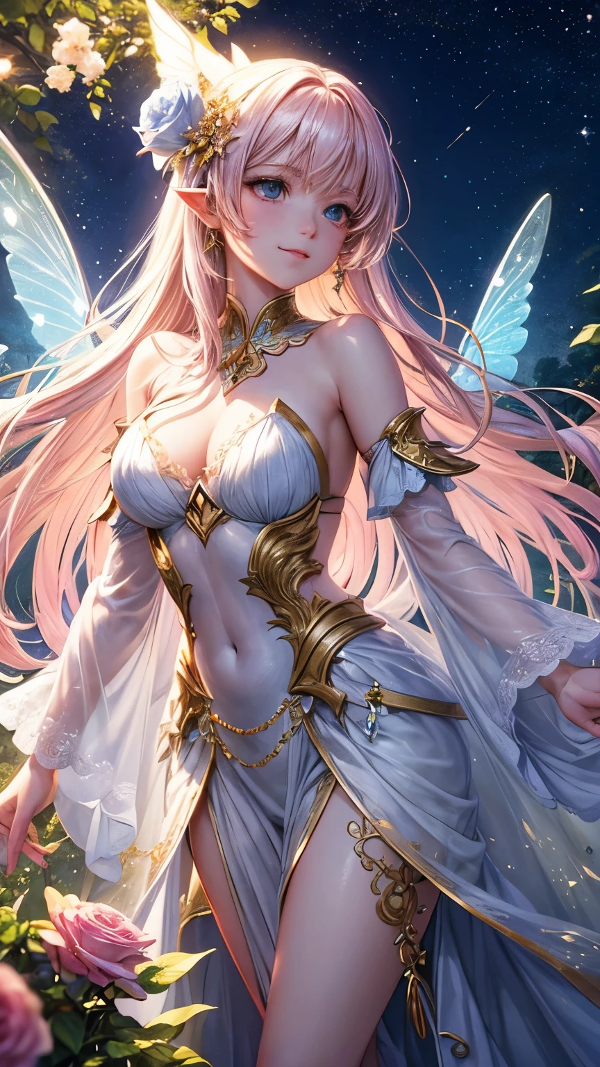1 moon,Dear beautiful flower fairy, clear wings, The wand fluttered in the wind.、The wand flickered with starlight.,golden wand,Beautiful blue sky and white clouds、girl with transparent wings、Please smile、beautiful garden background、gentle and transparent,anatomy correct, delicate pattern,pink rose space, soft light, ( Bokeh),Masterpiece, Extremely detailed, Epic Elements, Highest quality, 8ก,Magnificent and romantic fantasy digital art.,EpicFairytaleFantasyDigital Art,Legendary fantasy,UHD resolution,Detailed detailed drawing,realistically,realisticallyมาก,Cinematic lighting,award winning photos,Various colors,Realistic textures, very realistic,incredible light