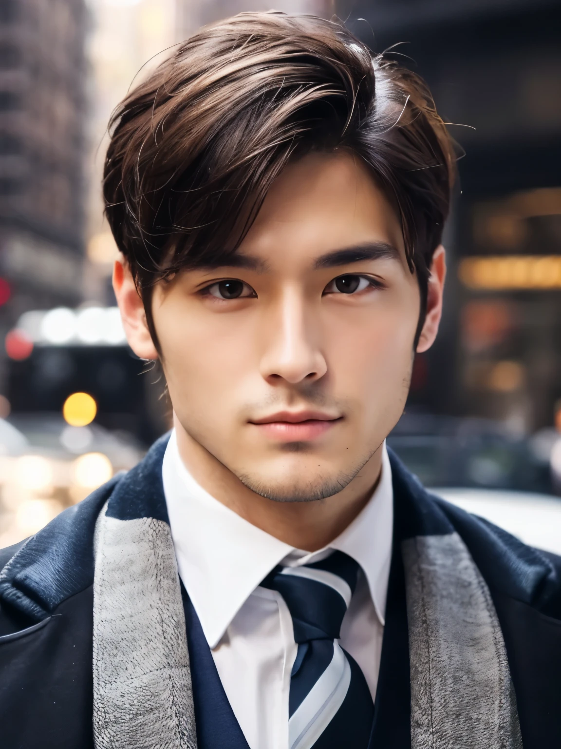 Jacketed,  attractive male, completion ， perfect face, Beautiful and graceful straight gaze,lack of beard (clean shaven),Japanese,Handsome guy,New York Manhattan