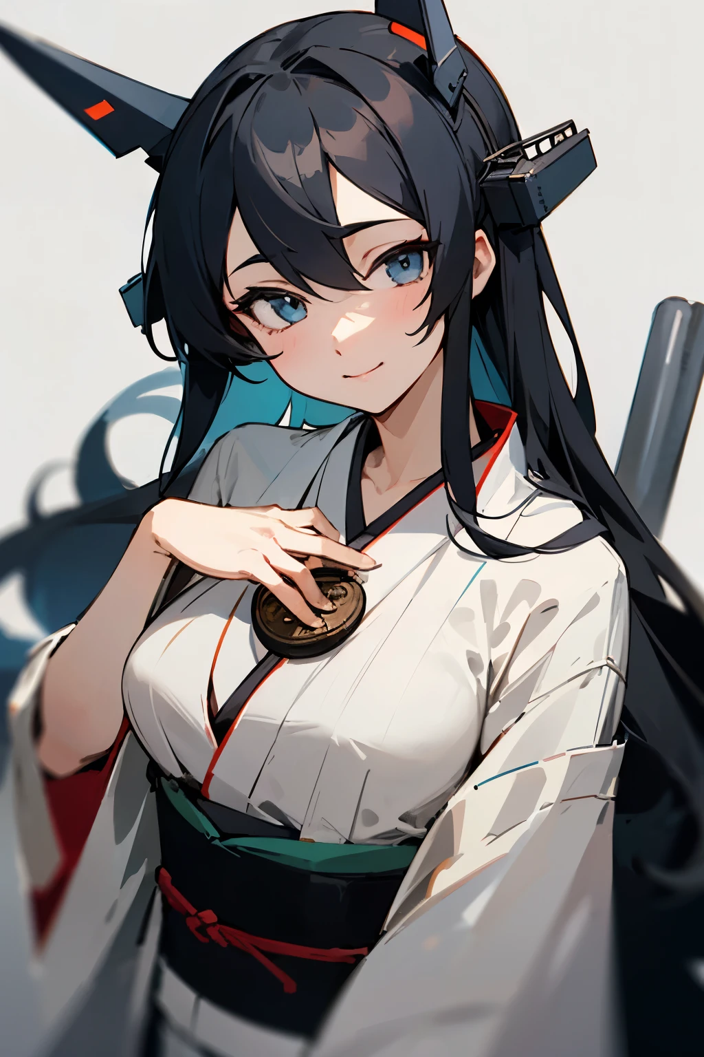 highest quality, masterpiece, High resolution, 一人in, {nagino_Kantai Collection:1.15}, black_hair, length_hair, blue_eye, chest, hair_between_eye, headgear, super big_chest, smile, 1 girl,kimono _body, looking for_in_viewer, simple_background, gray_background, closed_mouth, black_coin,, white_background