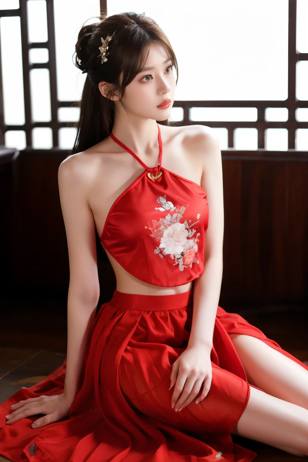 1 girl, skirt, hair accessories, red skirt, alone, Chinese clothes, long hair, sitting, bare shoulders, window, brown hair, bun, indoors, black hair,
looking at the audience
 