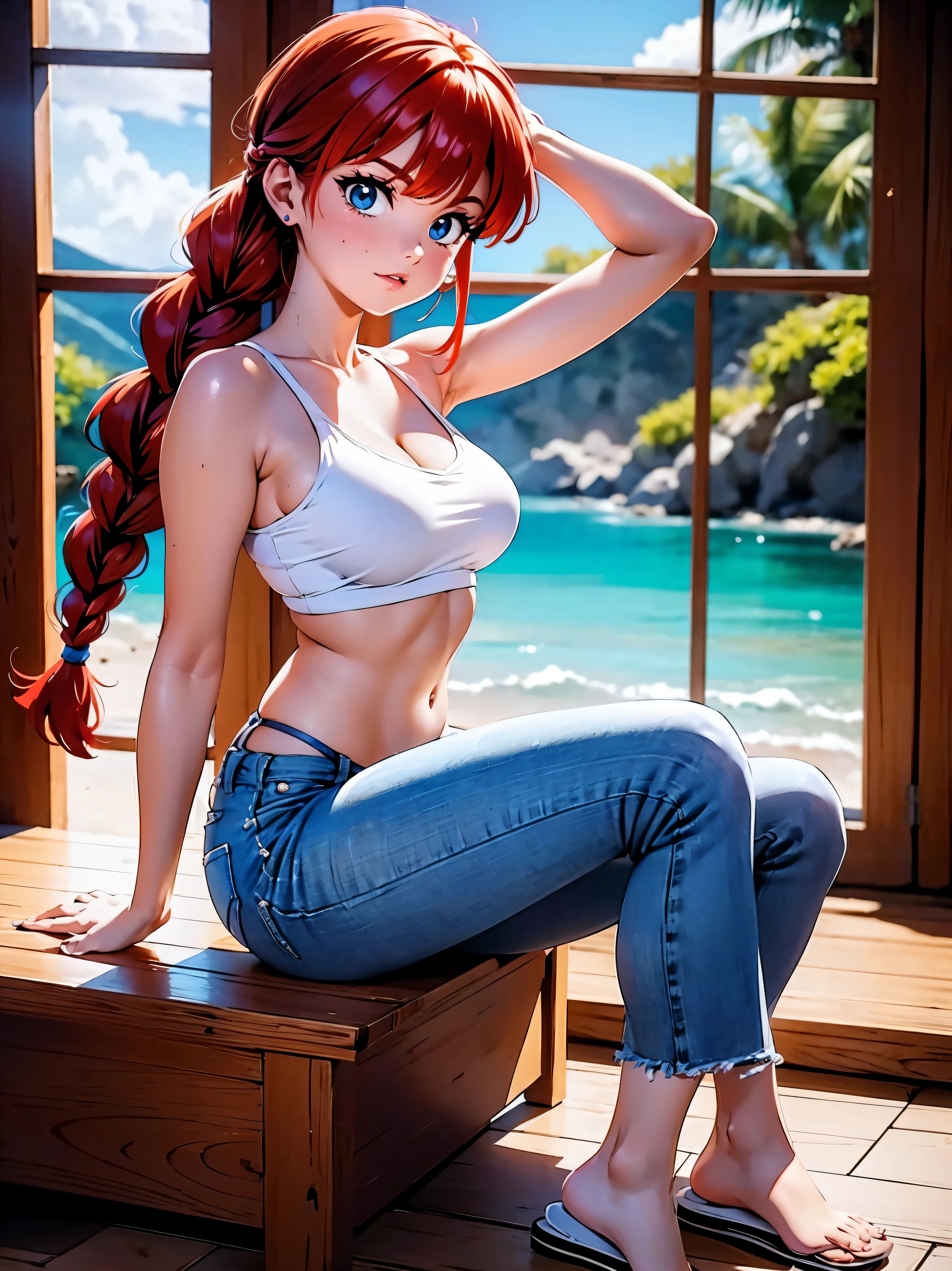 Garota anime ruiva com roupas molhadas encharcadas, bermuda jeans azul e blusa purple, , agachada, sentada com pernas cruzadas, corpo bonito, seios grandes, with your hands behind your head, running your hands through your hair, garota sexy, red hair with braid, gorgeous lighting, sombras suaves, olhos azuis, pernas bonitas, hair with braid, estilo anime, Ranma Chan, Autora Rumiko Takahashi, Baseado em obra de Rumiko Takahashi, Anime Ranma 1/ 2, decote sexy, quadril robusto, corpo inteiro, corpo completo, busto grande, garota jovem com corpo belo e bonito, sandals on the feet, garota 16 anosbaixa estatura, vestindo roupas molhadas bermuda jeans azul e blusa purple linda, garota anime, estilo anime, beautiful feet in sandals, sitting on the floor, viewing angle 45°