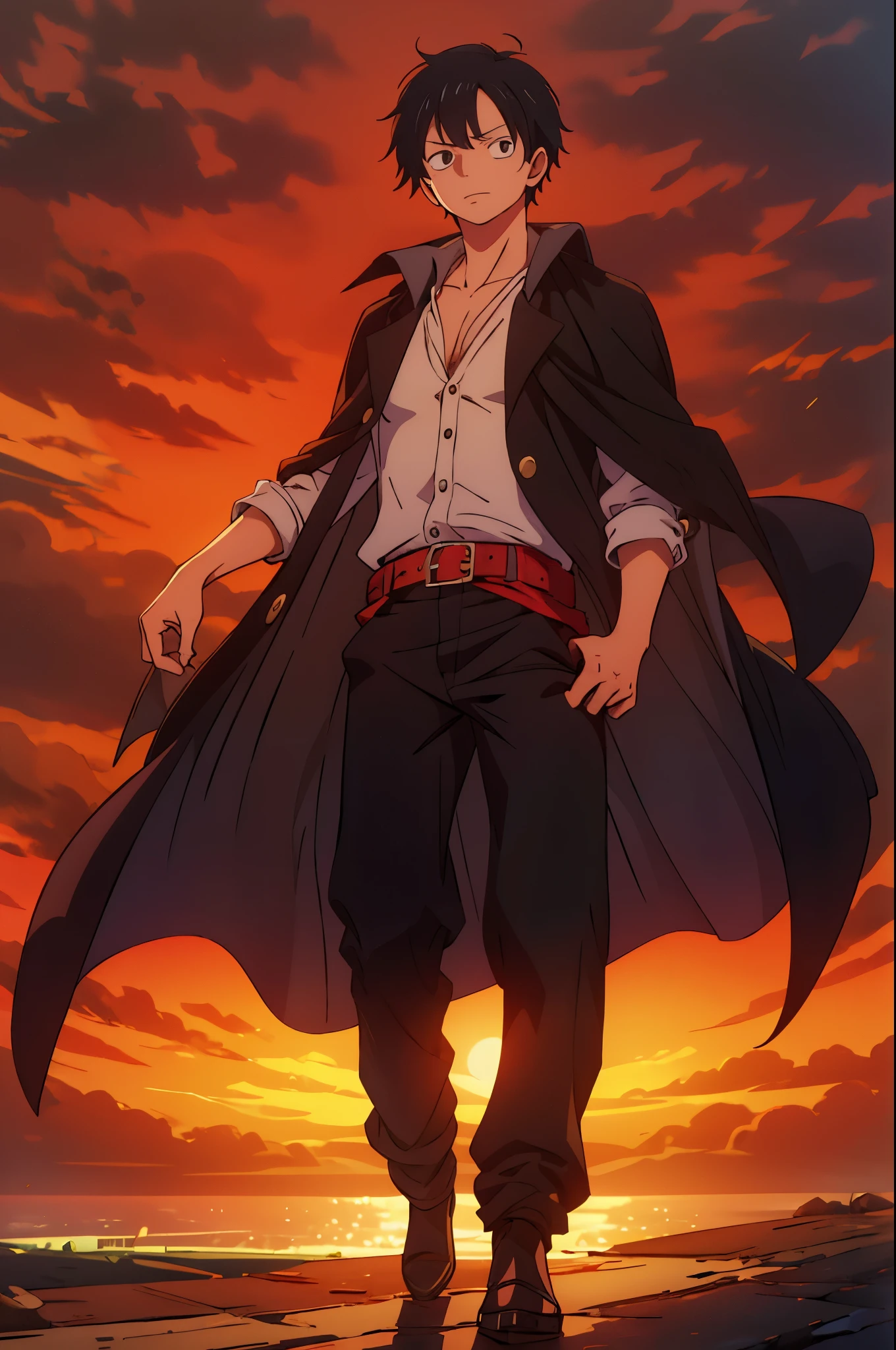 (masterpiece:1.3), (Best quality:1.3), 8K, boy, One, boy, Black hair, overcoat, short hair, (Luffy's face:0.5), (Zoro's face:0.5), full length