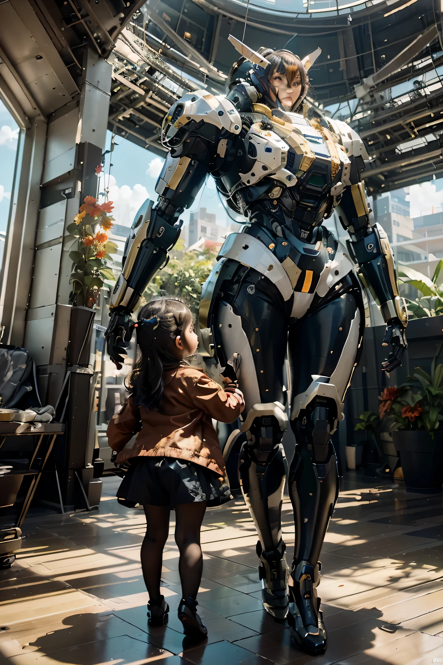 A giant robot that is a mix of 70% Evangelion robots and 30% Gundam robots, sculpted with precision glass crafts, is on display in the magnificent dome-shaped Robot Museum with a great view, surrounded by colorful flowers and plants. People looking up at the massive artwork, the interior of the large spherical dome combines extravagance, cutting-edge futuristic technology, exquisite details and luxurious materials. Sea view, refreshing light. High quality and contrast photography, Unreal Engine 5, wide angle of view, depth of field, hyper detail skin, color correction, crazy detail, color correction, hyperrealism, lifelike (super quality, masterpiece, 4k, ultra detail, sharp) focus, 8k , high definition, incredibly detailed and complex: 1.2) High definition and contrast photos, Unreal Engine 5, wide field of view, depth of field, altitude.