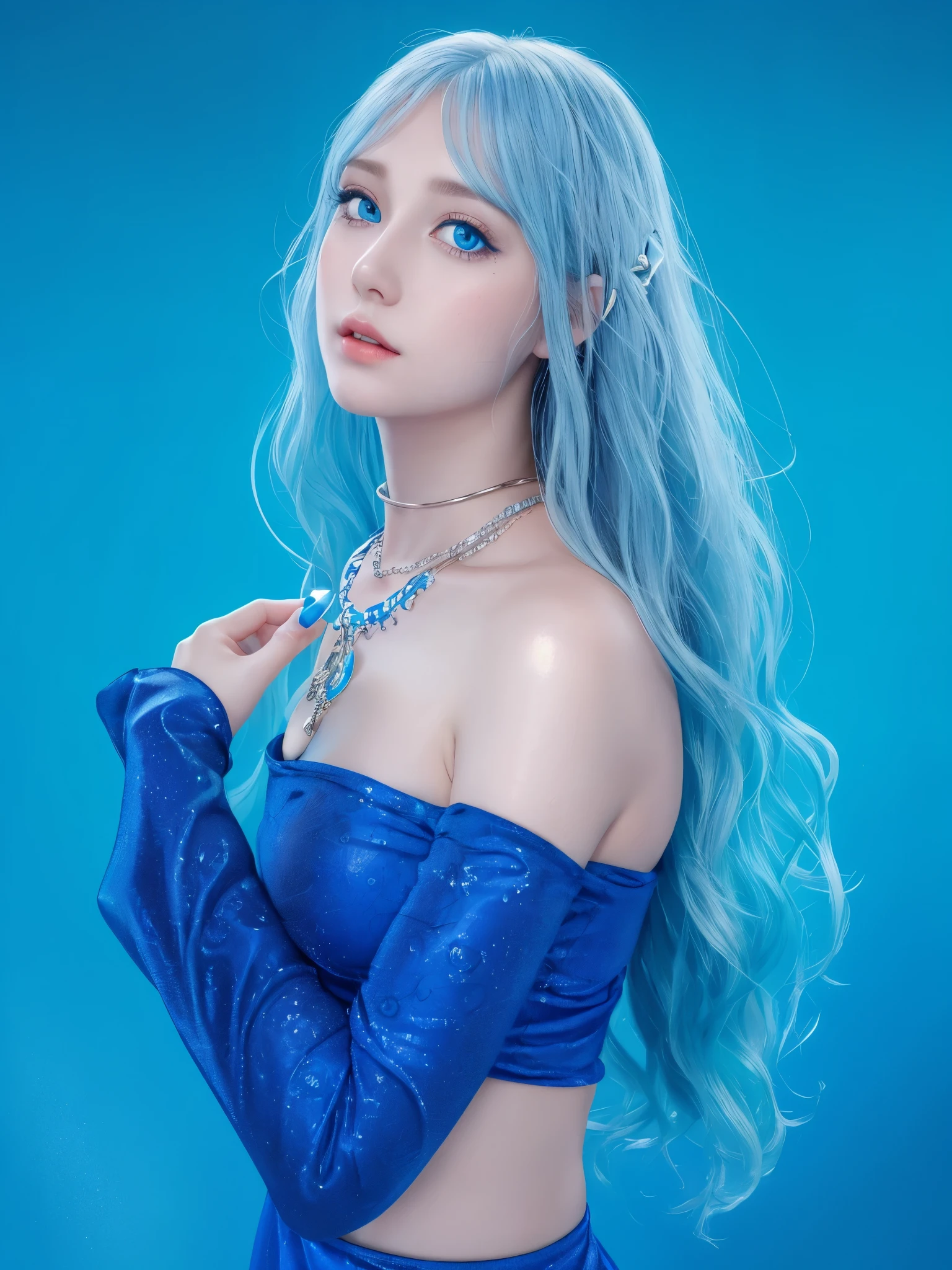 beautiful girl portrait, pale blue skintone, long and volume water stylized hair, magical water textured 3d long hair, eyecolor vivid bright blue pupils, perfect european cute face, professional commercial 4k photo, magical athmosphere vibe