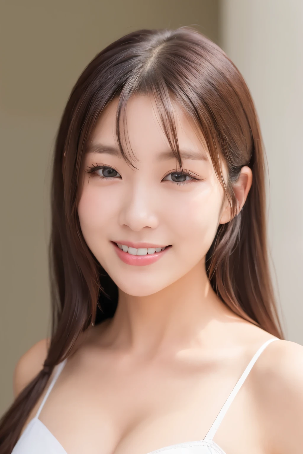 1woman, in hotel room, smiling, a close-up,smart shaped face, crystal clear white skin