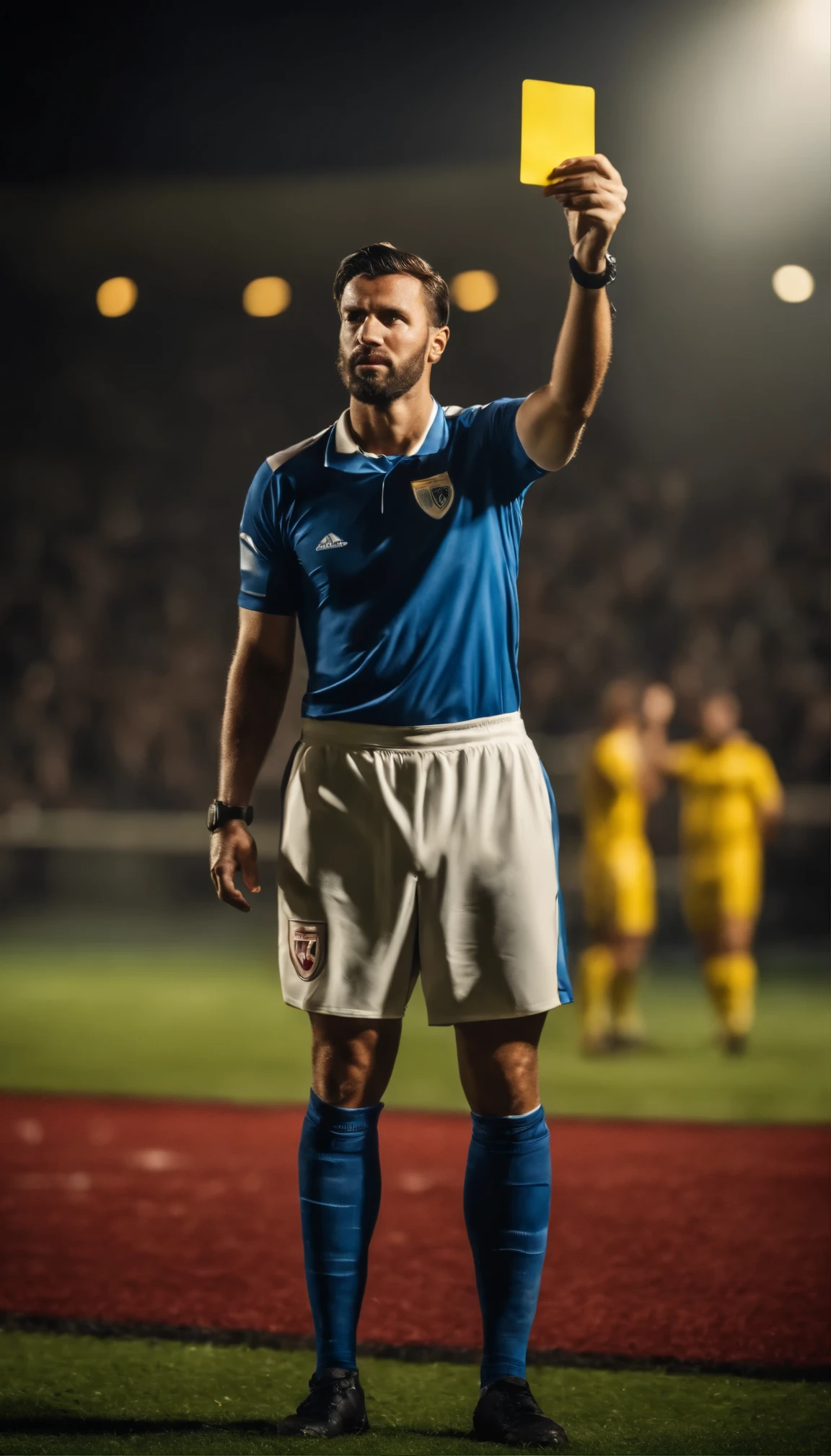 Capturing the intense moment as the referee shows a yellow card to a football player, signaling their warning.