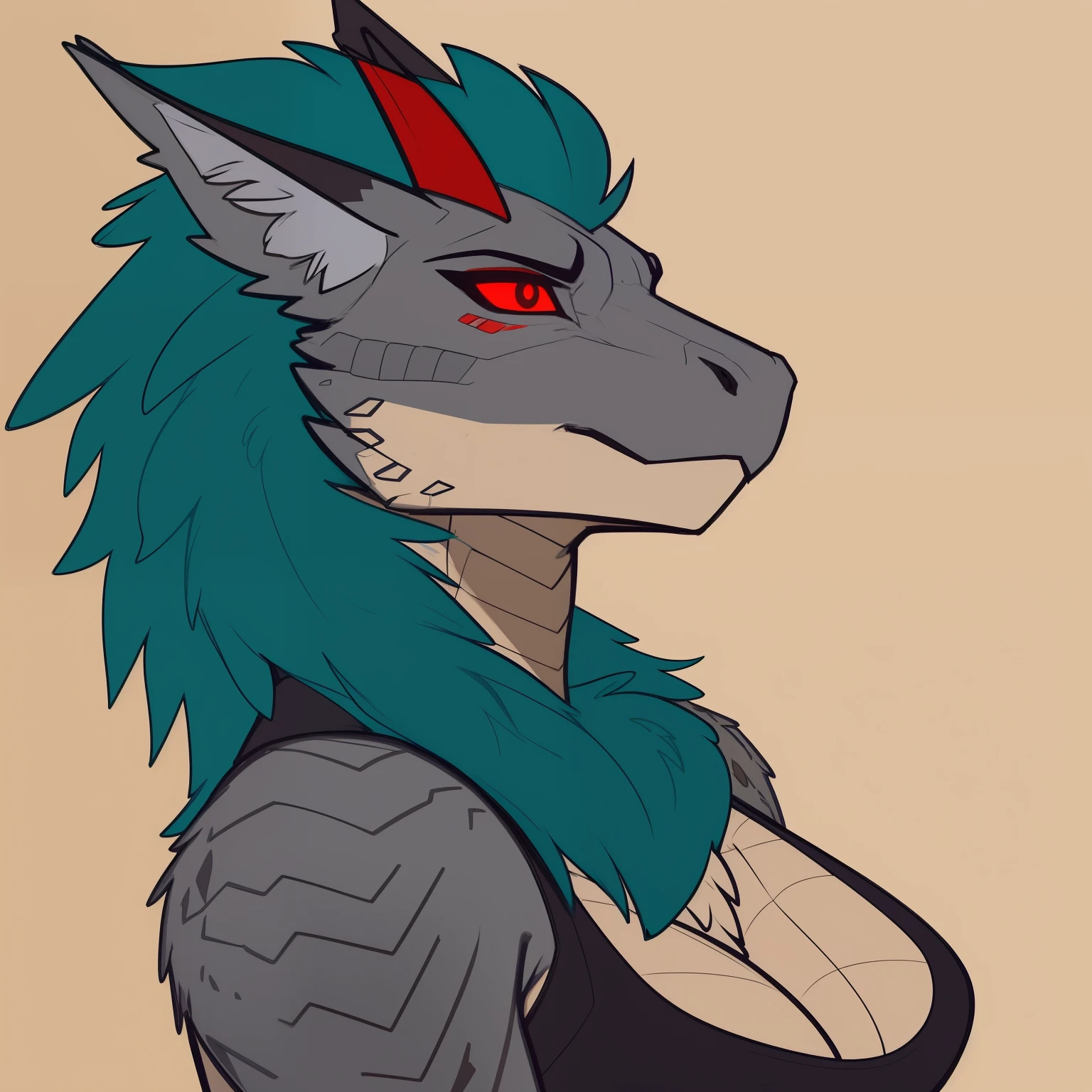 Lean_mature_dragon_horse_hybrid female solo dark_teal_hair chest_fluff beige_fur gray_scales red_eyes Masterpiece best_quality absurdres highly_detailed well_drawn_eyes anthro_only by_greasymojo by_runawaystride by_underscore_b by_claweddrip