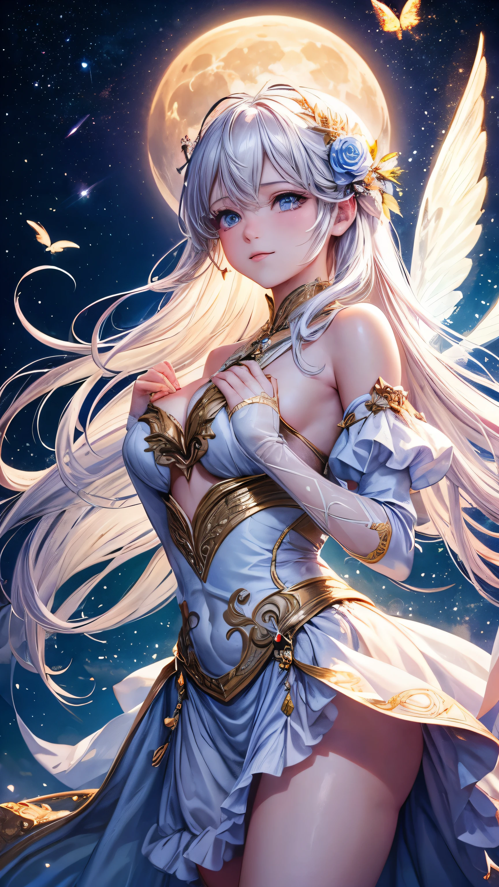 1 moon,Dear beautiful flower fairy, Peach Eye, White hair, clear wings, The wand blows in the wind..、The wand flickered with starlight..,golden wand,Beautiful blue sky and white clouds、girl with transparent wings、Please smile、beautiful garden background、gentle and transparent,anatomy correct, delicate pattern,pink rose space, soft light, ( Bokeh),Masterpiece, very detailed, epic elements, Highest quality, 8ก,Beautiful and Romantic Fantasy Digital Art.,Awesome fairy tale fantasy digital art,Legendary fantasy,UHD resolution,detailed drawing,actually,actuallyมาก,movie light,award winning photos,Various colors,realistic textures, Very realistic,Incredible light