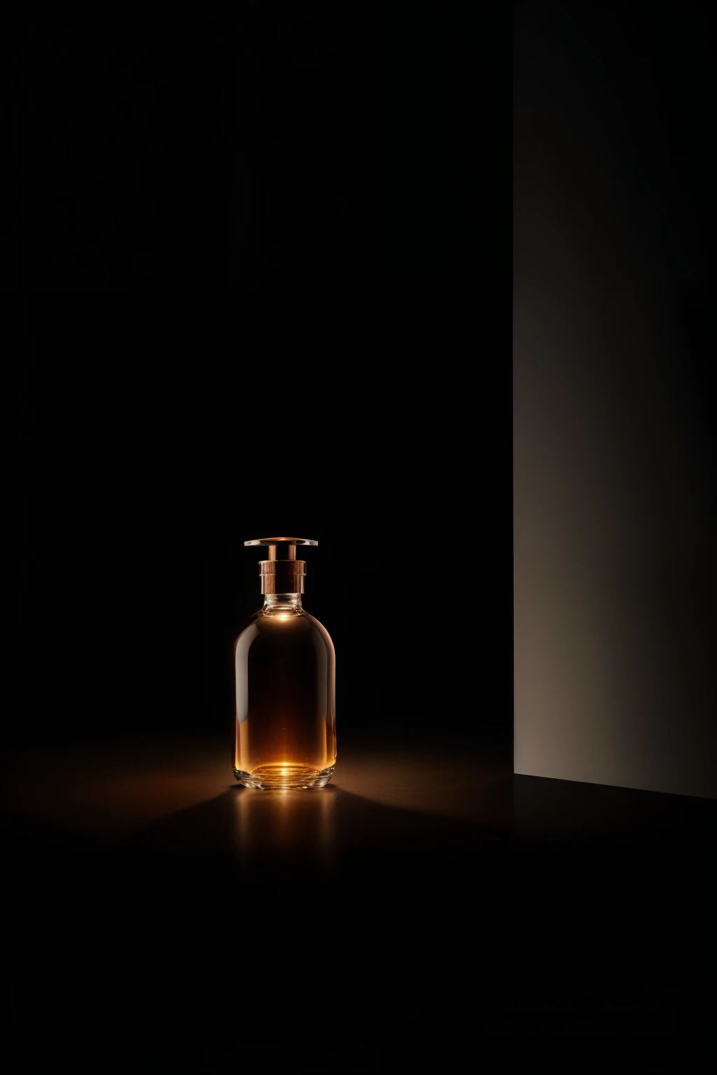 In the alluring and modern fashion scene, a man's hand elegantly grasps a bottle of Aquirax Uno, its light crimson label contrasting strikingly against the dark black background in a baroque-inspired chiaroscuro. The intricate voidcore design on the bottle is illuminated by the soft-focus technique, giving an aura of mystery and sophistication. The founder, Einar Hákonarson, was known for his streamlined design philosophy, which is reflected in the minimal yet striking bottle shape. The scene, captured in high resolution with intricate details and sharp focus, is a masterpiece that embodies the best of realism and photorealism (