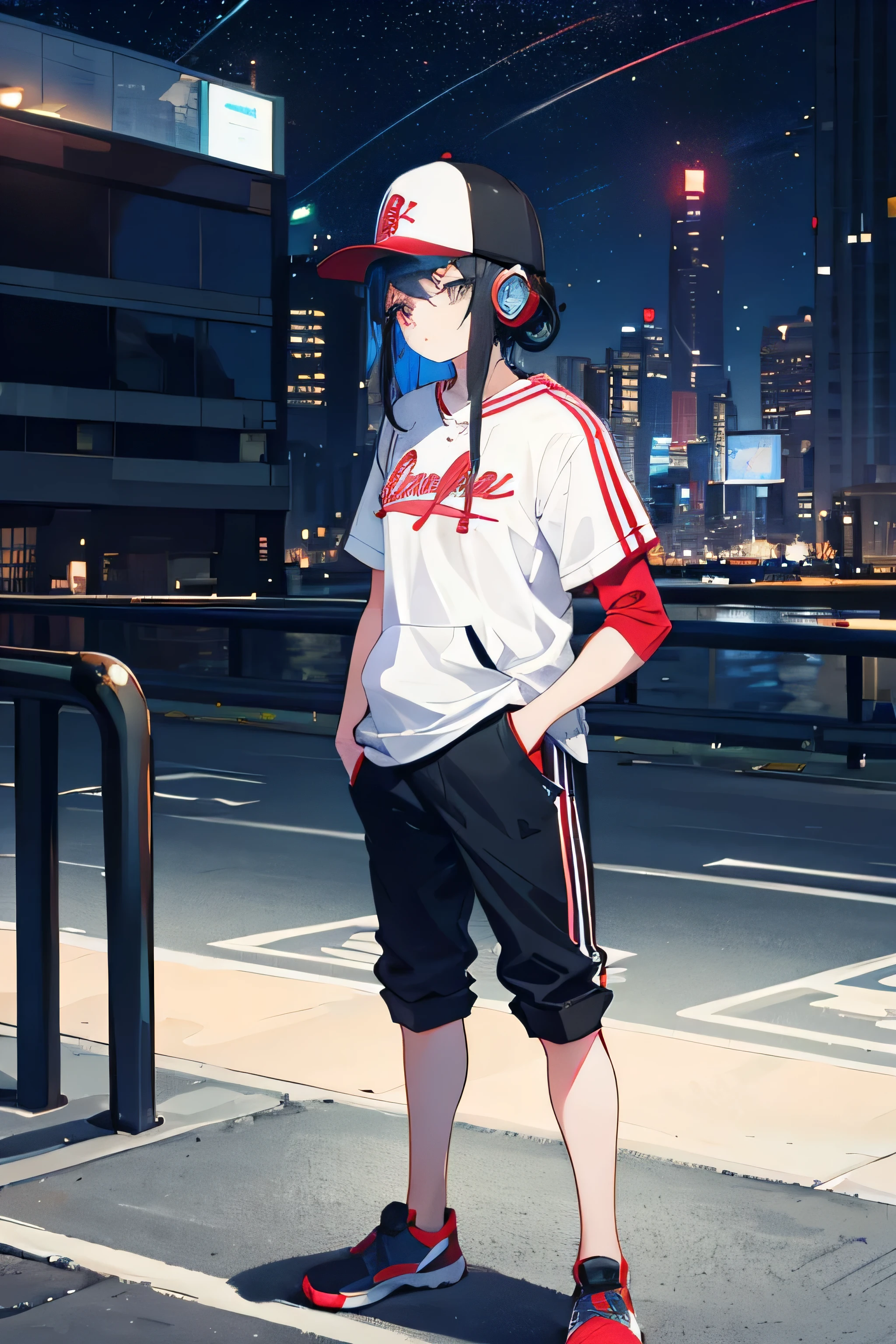 1 girl,Backshadow,trainer,baseball cap,City of night,Put your hands in your pockets,whole body, Are standing,wear headphones