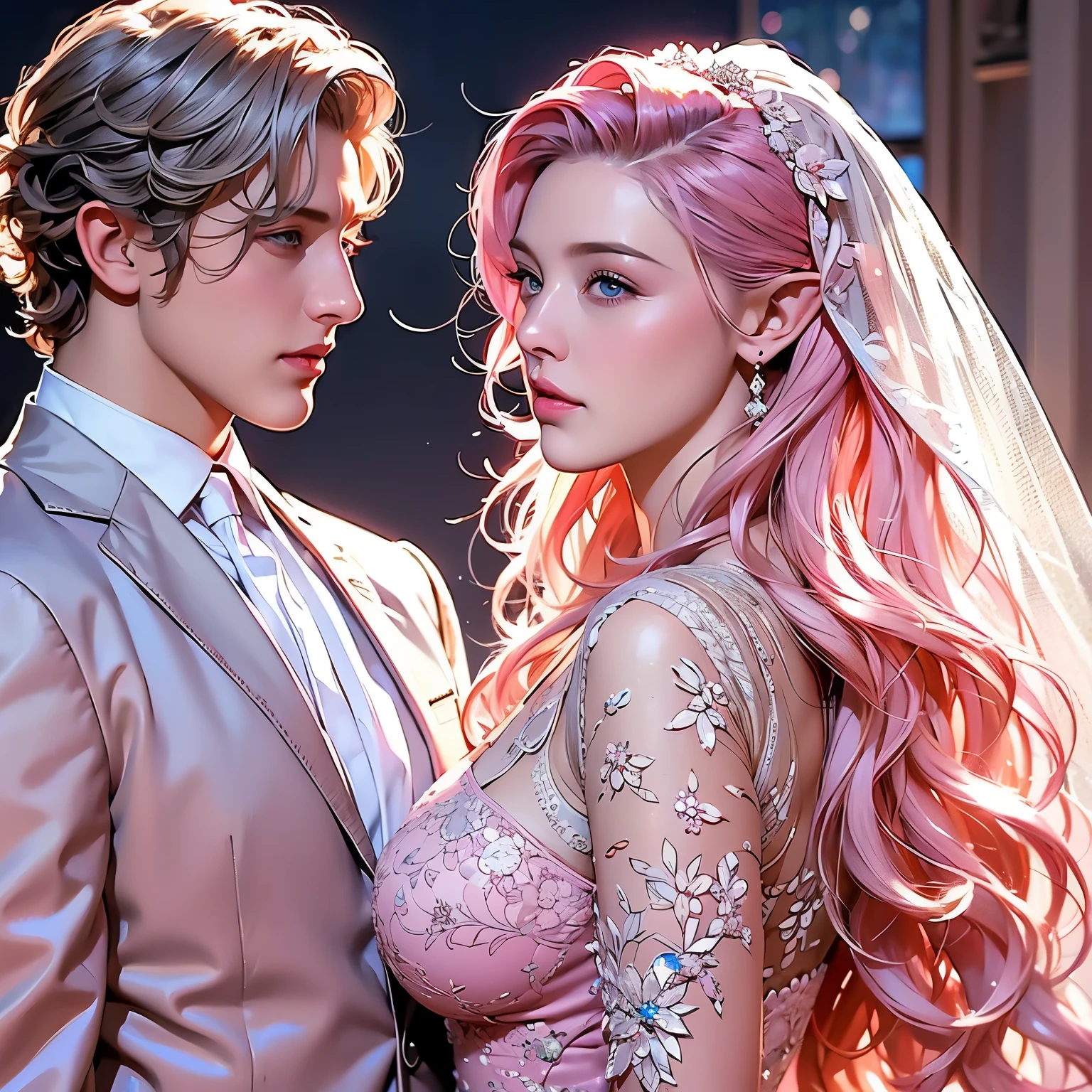 (man, male, young, boy, short hair, blonde hair, man near woman)) woman, curly hair and long pink hair, blue eyes( Pink hair woman,) Wedding, wedding dress and suit (( Only the woman with the elf ears))