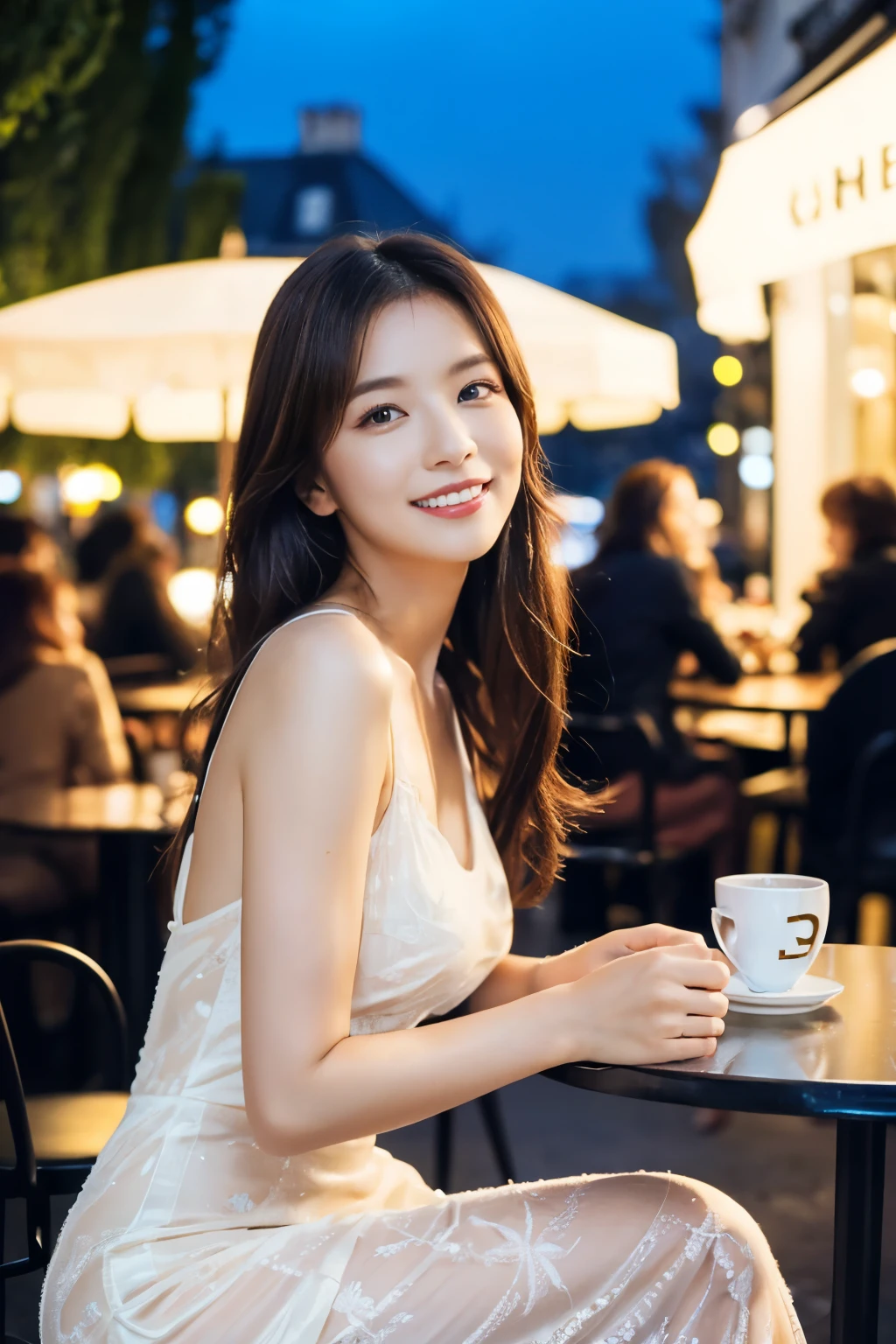 ((table top:1.4, highest quality)), (realistic pictures:1.4), 
((1 girl)), 
(超High resolution:1.2), very delicate and beautiful, wonderful, 
Highly detailed CG Unity 8K wallpaper, Super detailed, High resolution, soft light, 
beautiful detailed girl, highly detailed eyes and face, beautifully detailed nose, beautiful and detailed eyes, 
(gorgeous long dress:1.4),
cinematic lighting, perfect anatomy, slender body, thin chest,
(Take a seat in front of a fashionable cafe in Paris and relax:1.3), (city light at night:1.4), (outdoor:1.3), 
cowboy shot, looking at the viewer, smile
