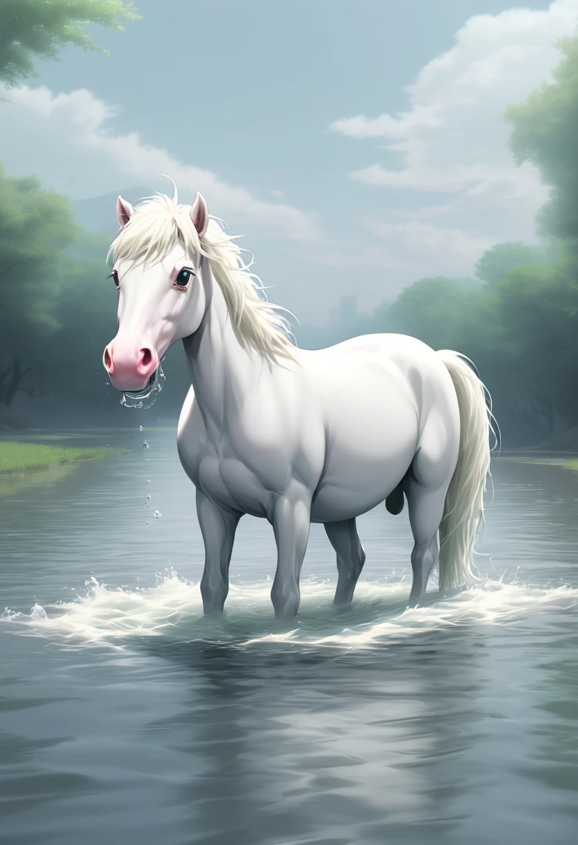 (a short white pony) carrying half a bag, standing in middle of a long river, water is very deep, (submerging half of the pony body:1.4), (no_human:.14), (best quality, masterpiece, Representative work, official art, Professional, Ultra high detail, 8k)