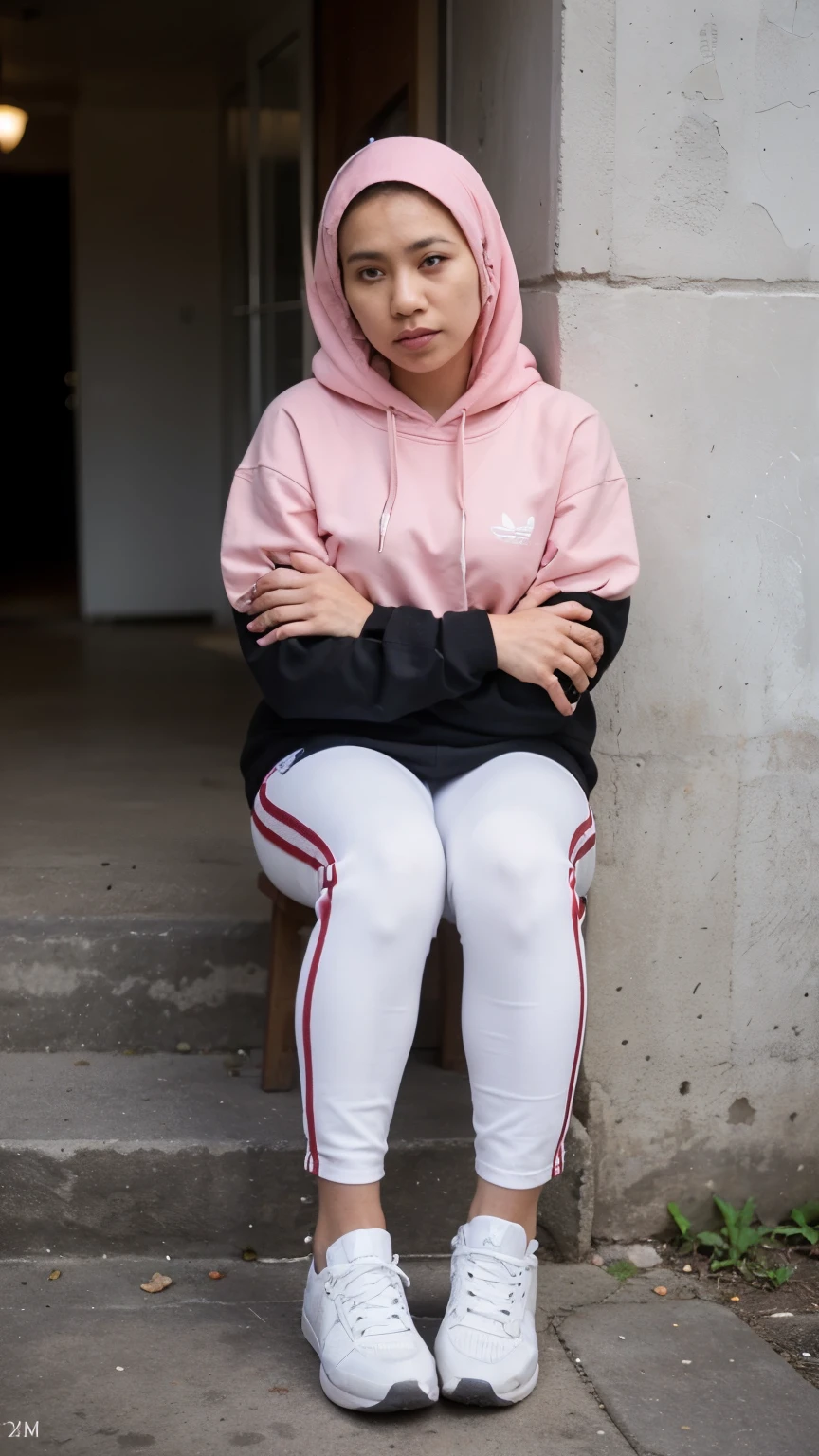 ((Realistic photo of Indonesian men and women aged 30 years)). The man wears a black hoodie with the word "adidas" written on it, cream pants, red sports shoes with white motifs. The woman wears a pink hijab, a white hoodie with black stripes on her arm, a red G-Shock watch on her left hand, pink sports shoes with a white motif. Bigraund was sitting on a cafe chair. Super detailed photos, using a Canon 2000D camera