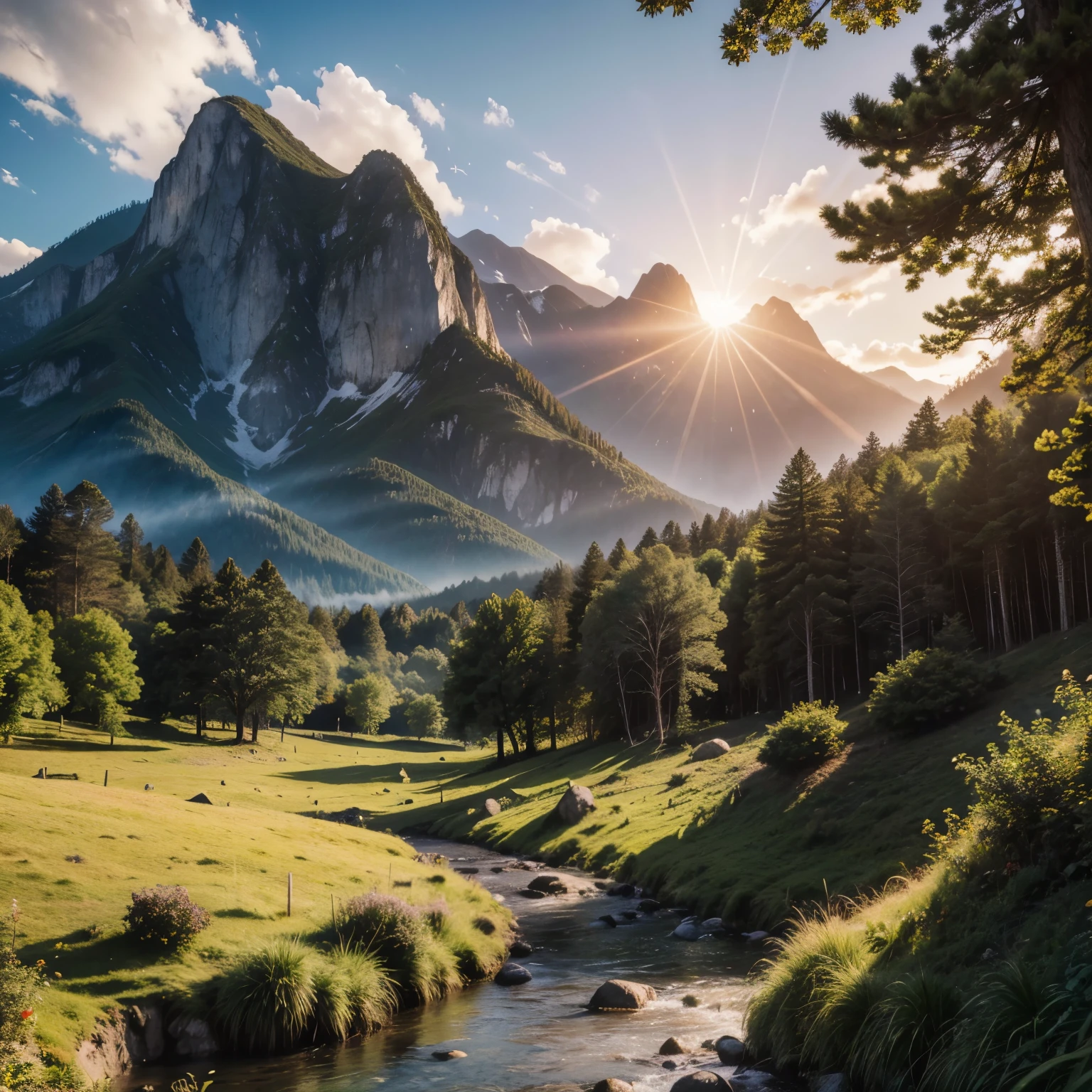 (Foto gunung tinggi, Photorealistic masterpiece, Top-quality 8K image, Rugged mountain landscape, Lush greenery, Bright sunlight filtering through the trees, Sharp focus on the mountains' peaks, Depth of field effect, Cinematic lighting, Rays of sunlight casting dramatic shadows)
This photorealistic masterpiece captures the breathtaking beauty of a towering mountain range, painted in lush greenery and bathed in the warm glow of the sun. With an 8K image of the highest quality, every detail stands out in sharp relief. The landscape's depth is emphasized with a depth of field effect that keeps the mountains'