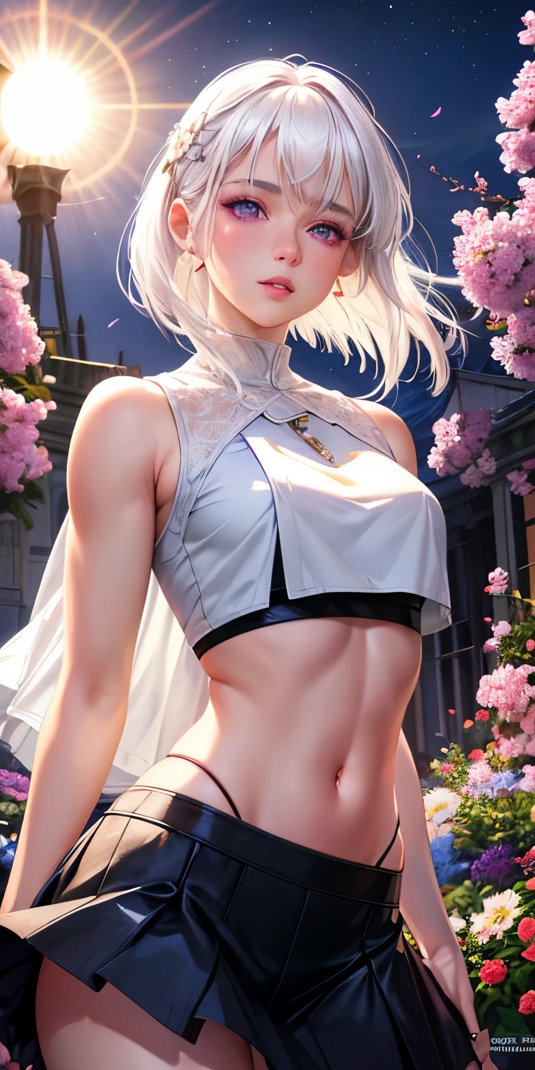 realistic, 1 girl, white hair, small chest, purple eyes, glowing eyes, crop top, topples dress, unconcerned,NSFW, parted lips, sexy, blush, in the garden,