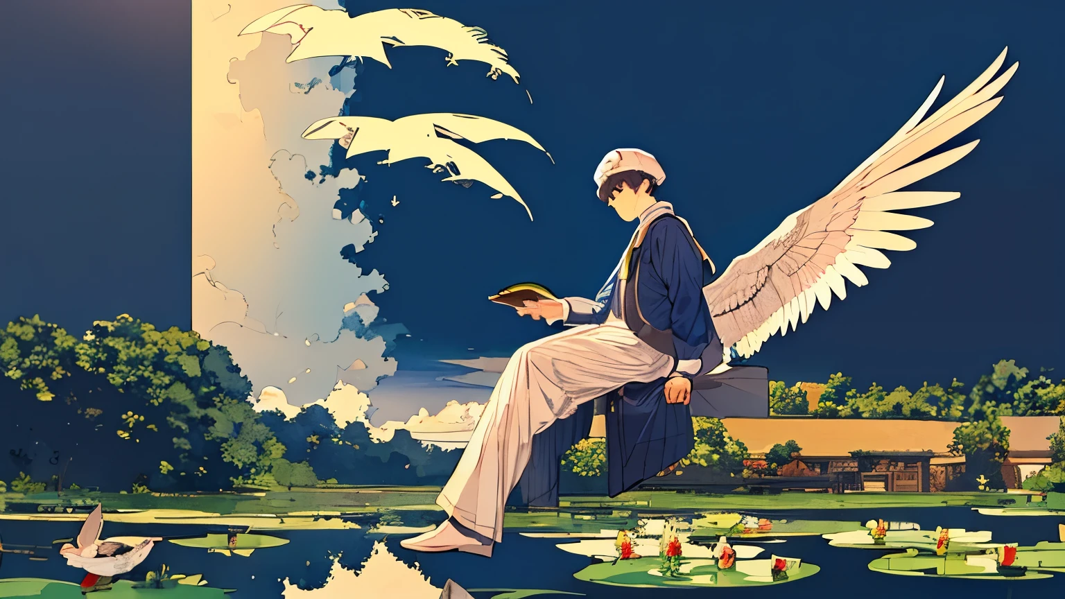 A legless boy with pigeon wings floats above Monet&#39;s pond.、Milky Way、lots of people、Melon bread、architecture、High definition、4K