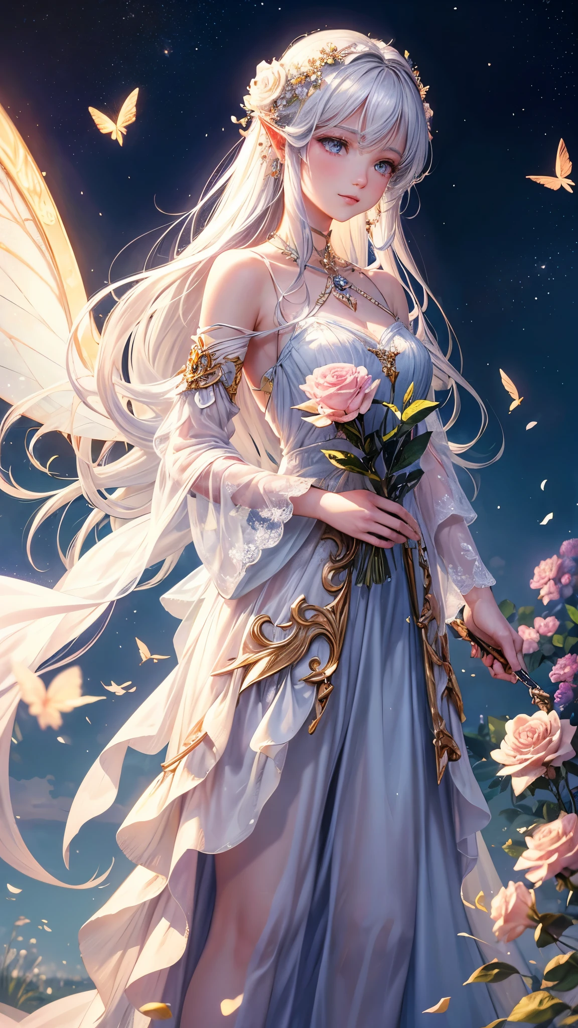 1 moon,Dear beautiful flower fairy, Peach Eye, White hair, clear wings, The wand blows in the wind..、The wand flickered with starlight..,golden wand,Beautiful blue sky and white clouds、girl with transparent wings、Please smile、beautiful garden background、gentle and transparent,anatomy correct, delicate pattern,pink rose space, soft light, ( Bokeh),Masterpiece, very detailed, epic elements, Highest quality, 8ก,Beautiful and Romantic Fantasy Digital Art.,Awesome fairy tale fantasy digital art,Legendary fantasy,UHD resolution,detailed drawing,actually,actuallyมาก,movie light,award winning photos,Various colors,realistic textures, Very realistic,Incredible light