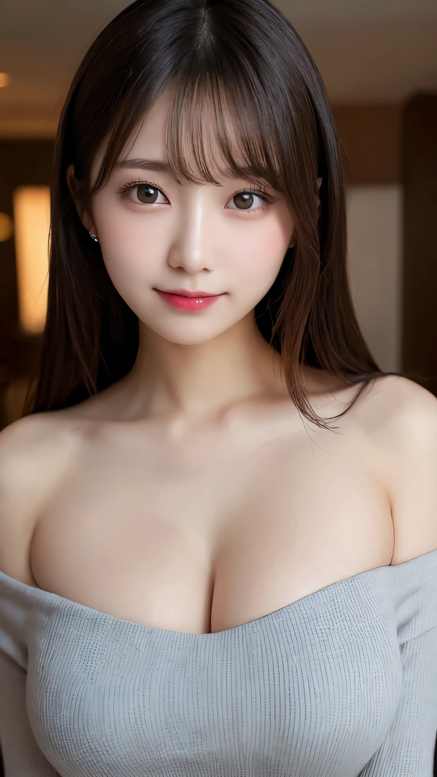 table top, highest quality, figure, super detailed, finely, High resolution, 8k wallpaper, 完璧なダイナミックな構figure, beautiful and fine eyes,  natural lip, (big breasts:1.4), random sexy pose,RAW photo,cute,smile、Tight knit dress that makes your chest look beautiful - chest coordination、off shoulder