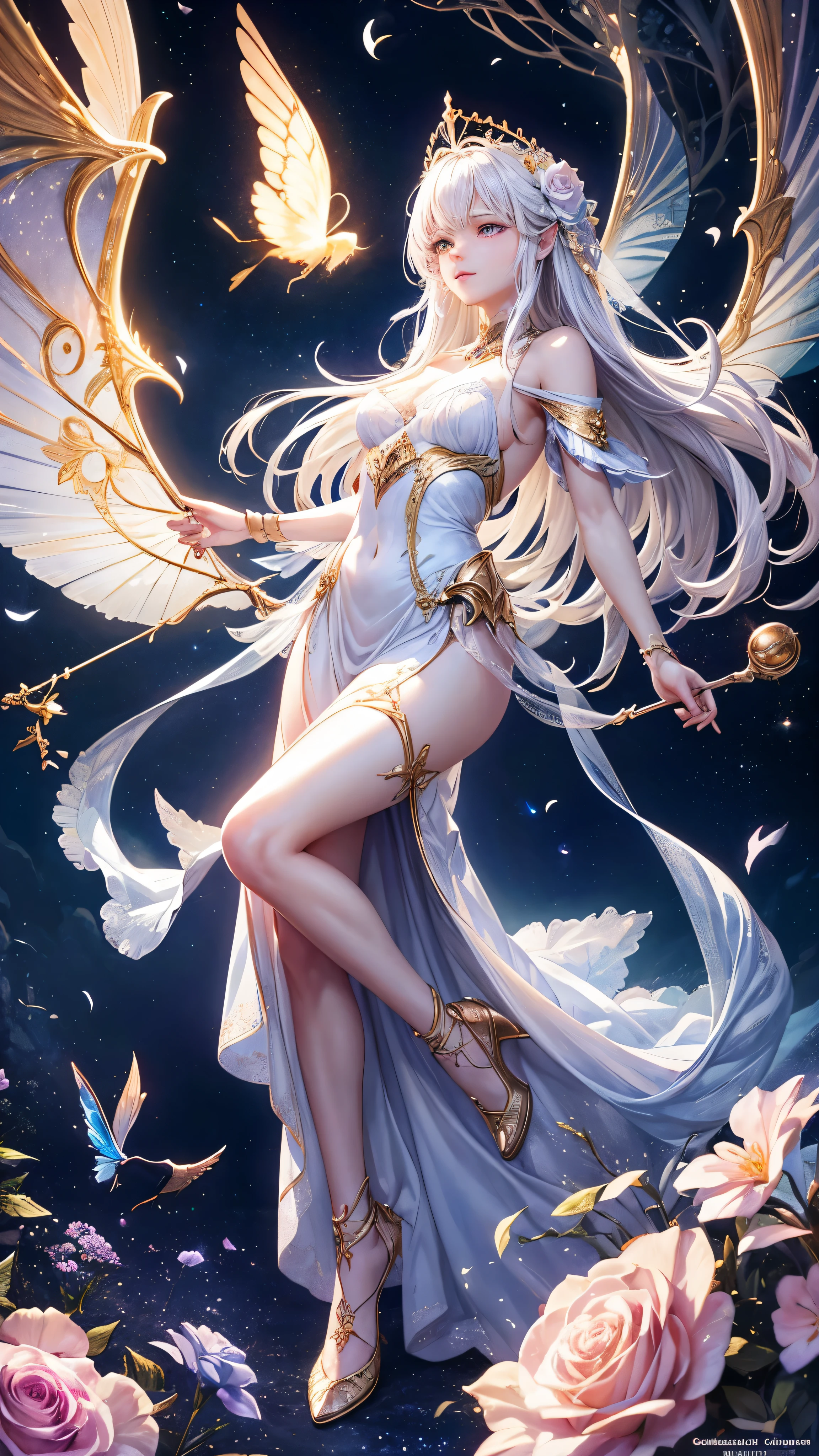 1 moon,Dear beautiful flower fairy, Peach Eye, white hair, clear wings, The wand blows in the wind...、The wand flickered with starlight...,golden wand,Beautiful blue sky and white clouds、girl with transparent wings、Please smile、beautiful garden background、gentle and transparent,anatomy correct, delicate pattern,pink rose space, soft light, ( Bokeh),Masterpiece, very detailed, epic elements, Highest quality, 8ก,Beautiful and romantic fantasy digital art..,Fantastic fairy tale fantasy digital art.,Legendary fantasy,UHD resolution,detailed drawing,in fact,in factมาก,movie light,award winning photos,Various colors,realistic textures, Very realistic,Incredible light