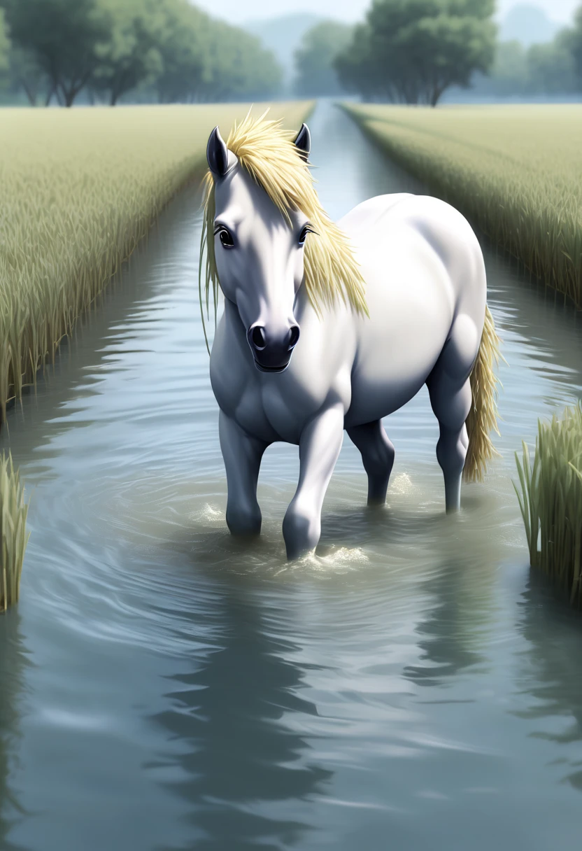 (a short white pony) carrying half a bag of wheat, standing in middle of a long river, water is very deep, (submerging half of the pony body:1.4), (no_human:.14), (best quality, masterpiece, Representative work, official art, Professional, Ultra high detail, 8k)