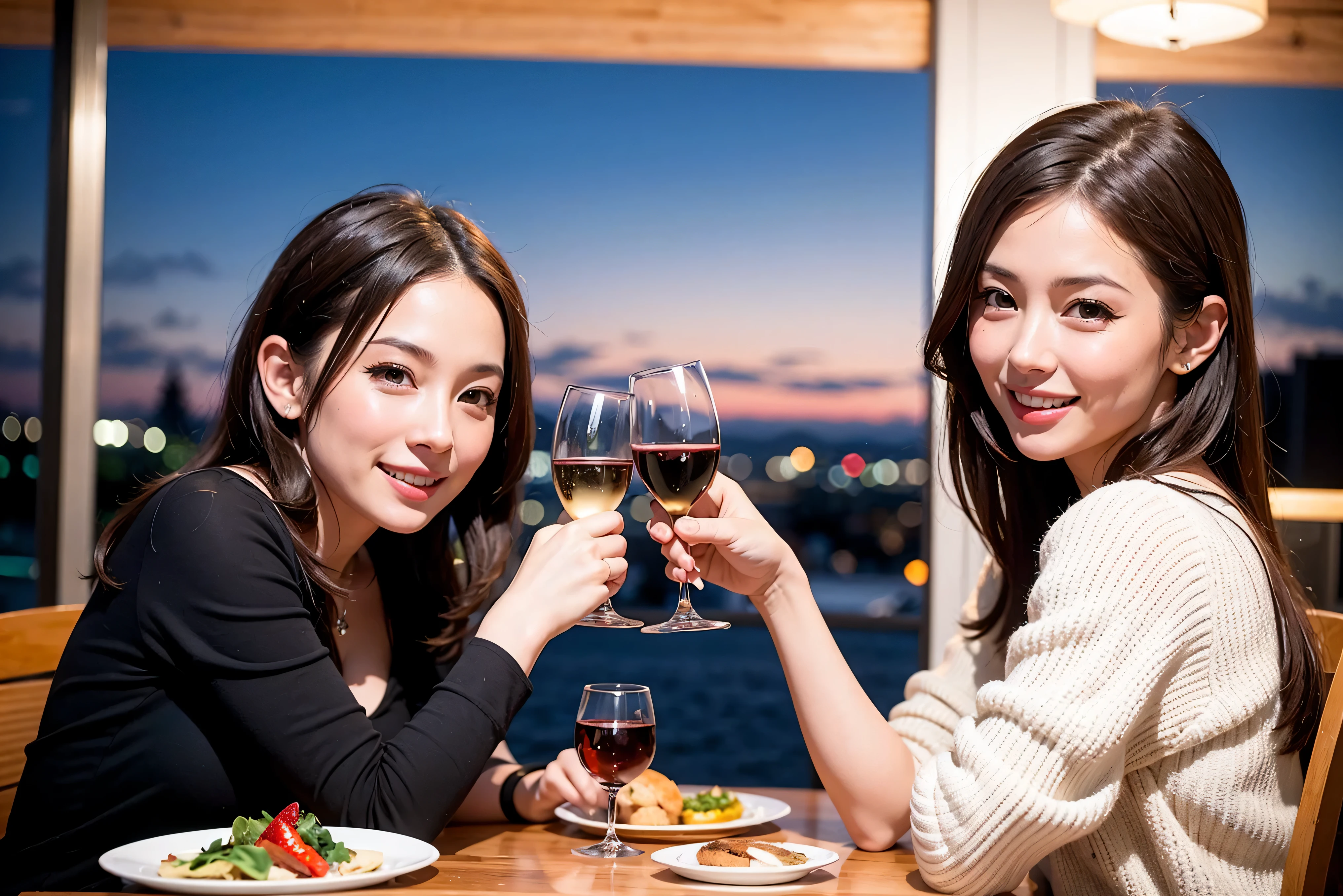 64k, UHD, highest quality, masterpiece: 1.2), (realistic, photorealistic: 1.37), Super detailed, celebration party、beauty、Charm、beautiful mature woman、3 women who love wine、three men、champagne、Sparkling wine、winter night、restaurantでワイン宴会、(slimな男女4名),(Wine party for 5 people)、(slimフェイス),Happy、 最高なsmile、Fox Face、Raccoon face、Berry Short、(because I'thin), (brown hair), (shortcut), long sleeve shirt、winter fashion、Colombia、Brazilian、Japanese、Dutch、German、Portuguese、Belgian、Italian、french, (gushing), (slimボティ), (brown hair), (shortcut), 端正なbeauty、cheeks blush a little, (41 years old), 38 years old, 35 years old、32 years old、 A beautiful and detailed night view spreads out outside the window........, restaurant, wine glassが座っている, At night, in a prominent place (from the Upper body) nova frog style, actress, model, Upper body, White wine, slim, wine glass, very beautiful night view, wine glass Put in the Middle, Happy smile, (smile: 1.15),