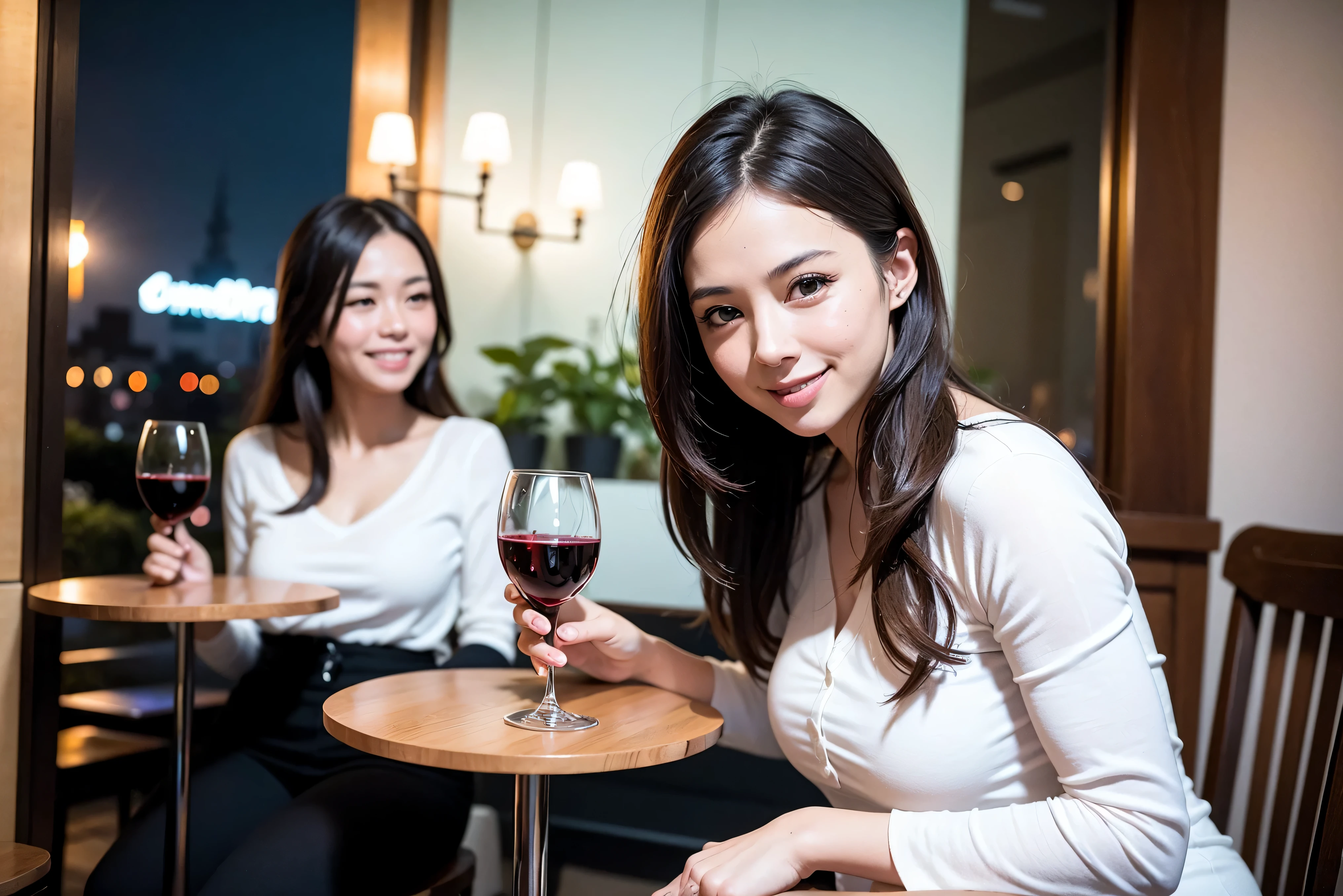 64k, UHD, highest quality, masterpiece: 1.2), (realistic, photorealistic: 1.37), Super detailed, celebration party、beauty、Charm、beautiful mature woman、3 women who love wine、three men、champagne、Sparkling wine、winter night、restaurantでワイン宴会、(slimな男女4名),(Wine party for 5 people)、(slimフェイス),Happy、 最高なsmile、Fox Face、Raccoon face、Berry Short、(because I'thin), (brown hair), (shortcut), long sleeve shirt、winter fashion、Colombia、Brazilian、Japanese、Dutch、German、Portuguese、Belgian、Italian、french, (gushing), (slimボティ), (brown hair), (shortcut), 端正なbeauty、cheeks blush a little, (41 years old), 38 years old, 35 years old、32 years old、 A beautiful and detailed night view spreads out outside the window........, restaurant, wine glassが座っている, At night, in a prominent place (from the Upper body) nova frog style, actress, model, Upper body, White wine, slim, wine glass, very beautiful night view, wine glass Put in the Middle, Happy smile, (smile: 1.15),