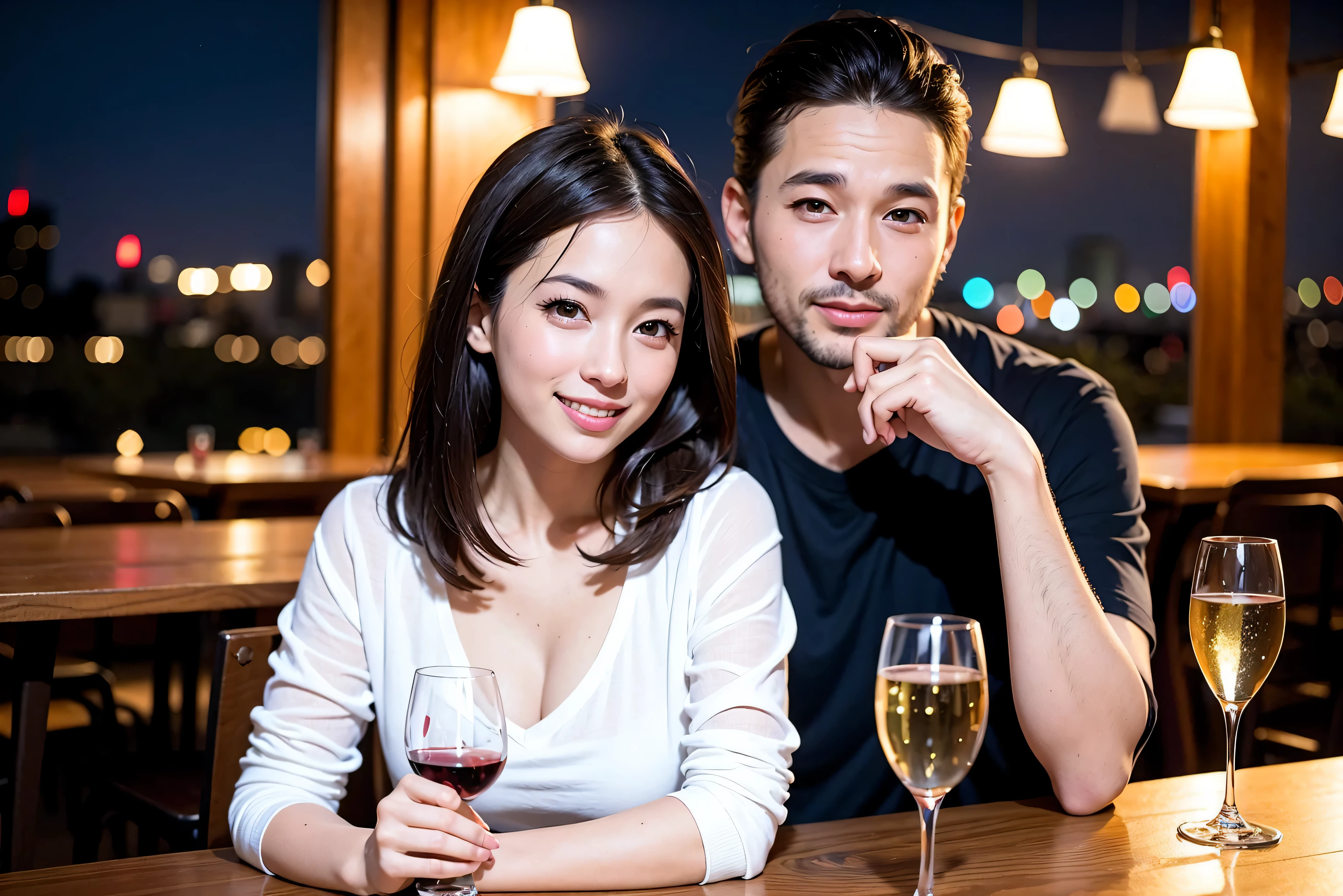 64k, UHD, highest quality, masterpiece: 1.2), (realistic, photorealistic: 1.37), Super detailed, celebration party、beauty、Charm、beautiful mature woman、3 women who love wine、three men、champagne、Sparkling wine、winter night、restaurantでワイン宴会、(slimな男女4名),(Wine party for 5 people)、(slimフェイス),Happy、 最高なsmile、Fox Face、Raccoon face、Berry Short、(because I'thin), (brown hair), (shortcut), long sleeve shirt、winter fashion、Colombia、Brazilian、Japanese、Dutch、German、Portuguese、Belgian、Italian、french, (gushing), (slimボティ), (brown hair), (shortcut), 端正なbeauty、cheeks blush a little, (41 years old), 38 years old, 35 years old、32 years old、 A beautiful and detailed night view spreads out outside the window........, restaurant, wine glassが座っている, At night, in a prominent place (from the Upper body) nova frog style, actress, model, Upper body, White wine, slim, wine glass, very beautiful night view, wine glass Put in the Middle, Happy smile, (smile: 1.15),
