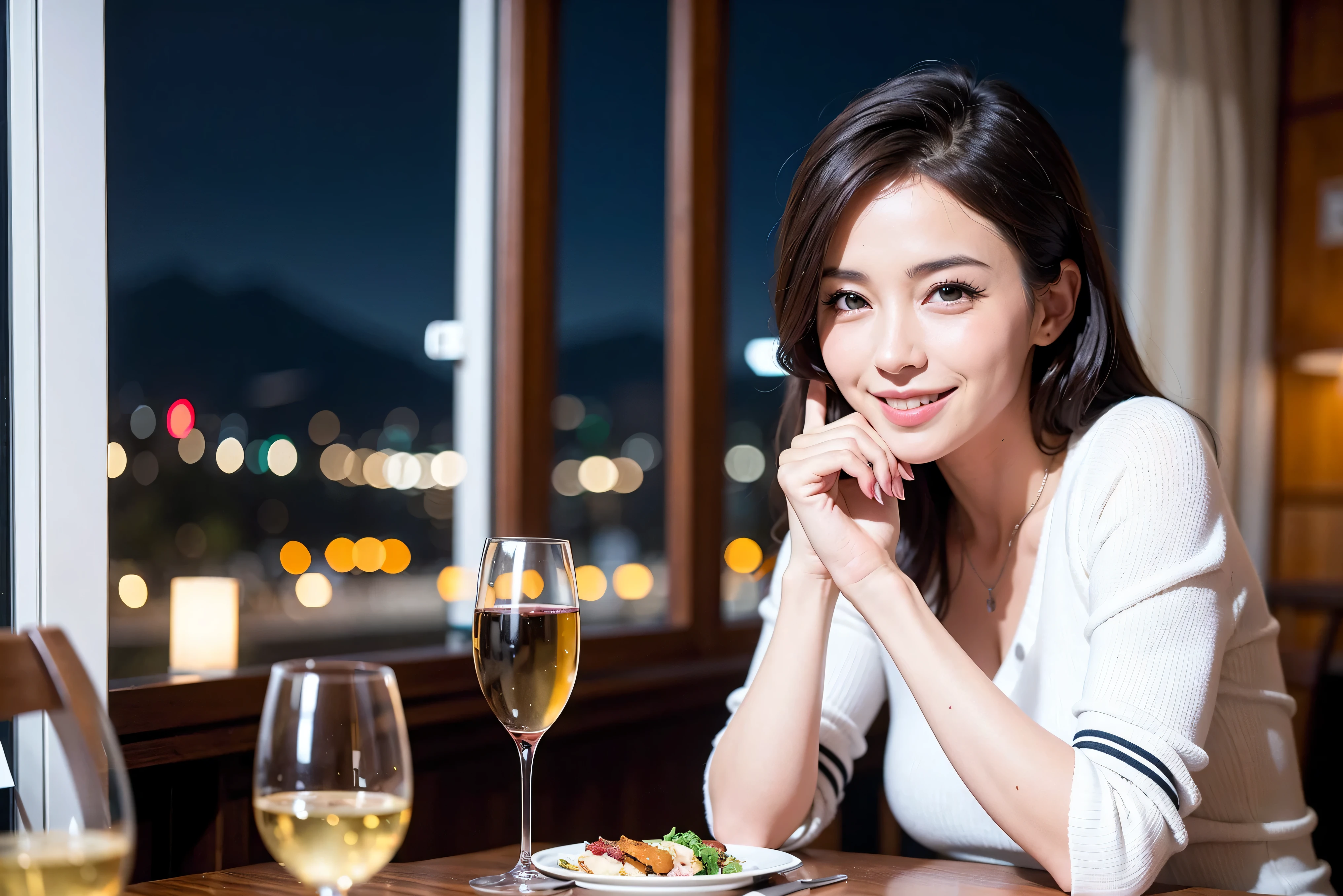 64k, UHD, highest quality, masterpiece: 1.2), (realistic, photorealistic: 1.37), Super detailed, celebration party、beauty、Charm、beautiful mature woman、3 women who love wine、three men、champagne、Sparkling wine、winter night、restaurantでワイン宴会、(slimな男女4名),(Wine party for 5 people)、(slimフェイス),Happy、 最高なsmile、Fox Face、Raccoon face、Berry Short、(because I'thin), (brown hair), (shortcut), long sleeve shirt、winter fashion、Colombia、Brazilian、Japanese、Dutch、German、Portuguese、Belgian、Italian、french, (gushing), (slimボティ), (brown hair), (shortcut), 端正なbeauty、cheeks blush a little, (41 years old), 38 years old, 35 years old、32 years old、 A beautiful and detailed night view spreads out outside the window........, restaurant, wine glassが座っている, At night, in a prominent place (from the Upper body) nova frog style, actress, model, Upper body, White wine, slim, wine glass, very beautiful night view, wine glass Put in the Middle, Happy smile, (smile: 1.15),