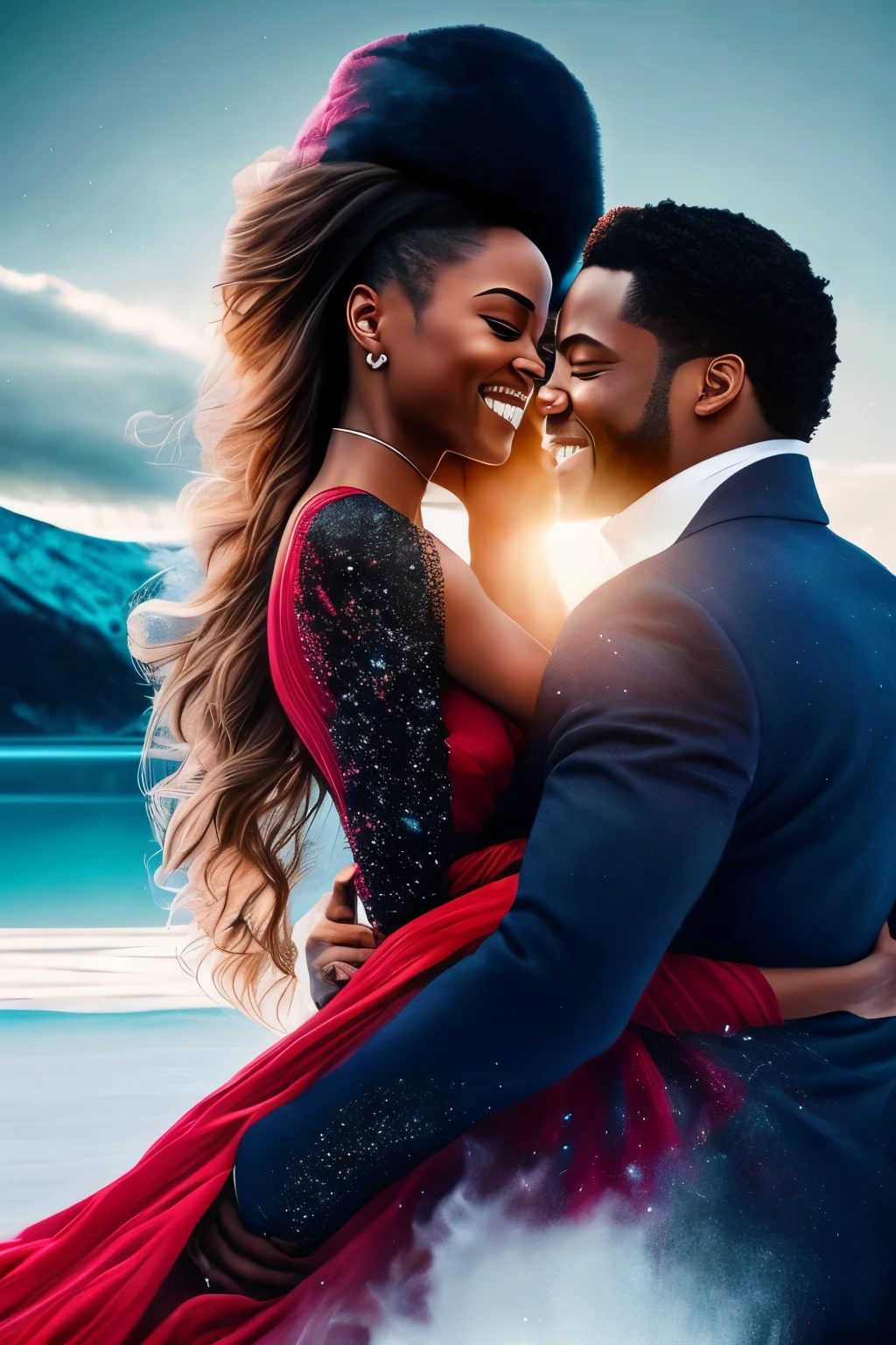 A breathtaking cinematic masterpiece unfolds on the ice, as a Black couple effortlessly glides, their hands entwined, basking in the ecstasy of their shared moment. The ice forms an intricate tapestry of heart shapes, a lovestruck testament to their affection. Above them, red and blue smoke flares erupt from the ice, casting a romantic and dreamlike ambiance over the scene. The 32k ultra HD resolution ensures every minute detail is captured, transporting you into the heart of the moment, a captivating work of art rendered in the eloquent style of Artgerm, embellished with the magical realism of Unreal