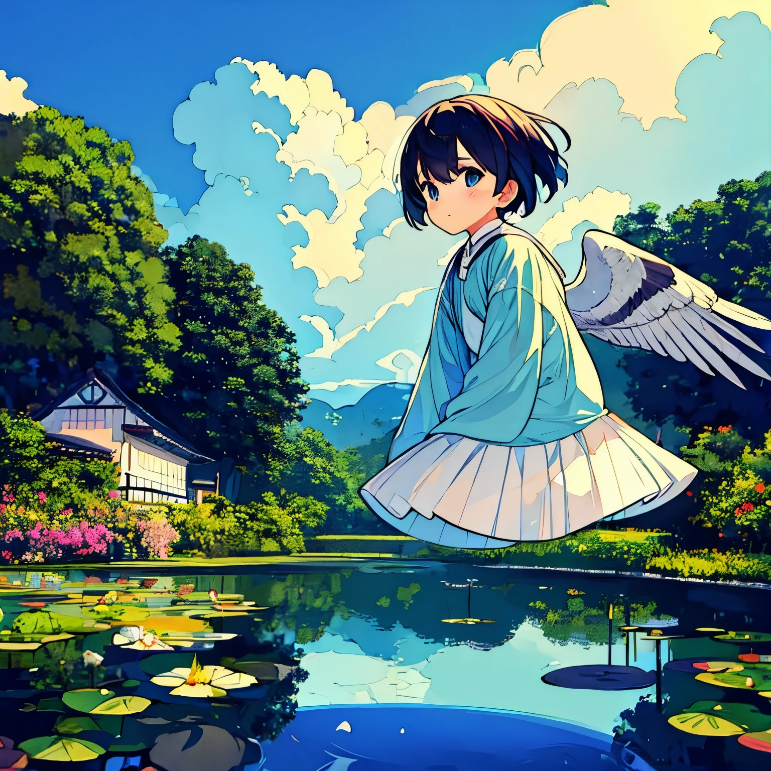 boy with pigeon wings、Milky Way、lots of people、Melon bread、architecture、Monet's Pond、High definition、4K