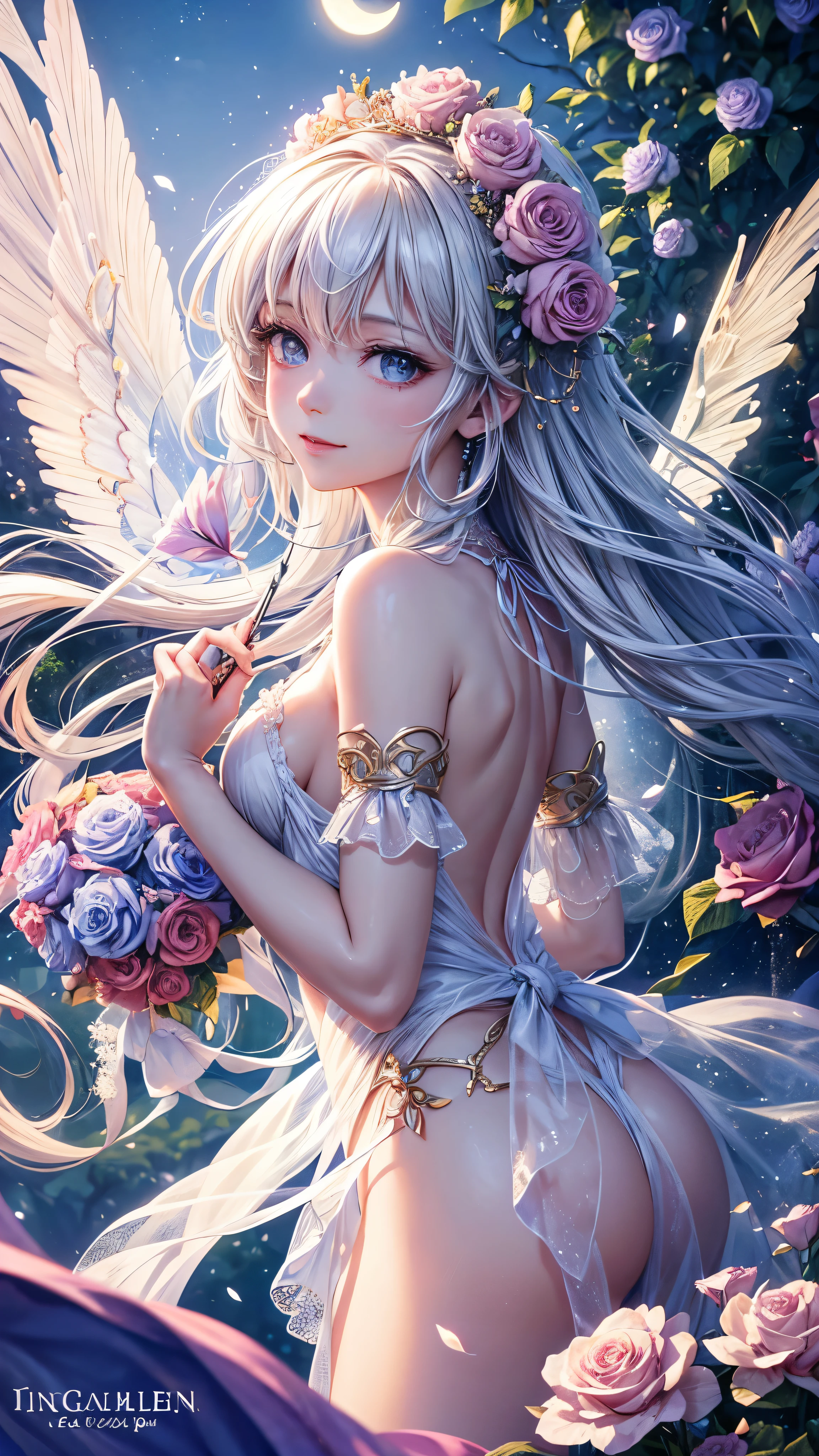 1 moon,Dear beautiful flower fairy, Peach Eye, white hair, clear wings, The wand blows in the wind...、The wand flickered with starlight...,golden wand,Beautiful blue sky and white clouds、girl with transparent wings、Please smile、beautiful garden background、gentle and transparent,anatomy correct, delicate pattern,pink rose space, soft light, ( Bokeh),Masterpiece, very detailed, epic elements, Highest quality, 8ก,Beautiful and romantic fantasy digital art..,Fantastic fairy tale fantasy digital art.,Legendary fantasy,UHD resolution,detailed drawing,in fact,in factมาก,movie light,award winning photos,Various colors,realistic textures, Very realistic,Incredible light