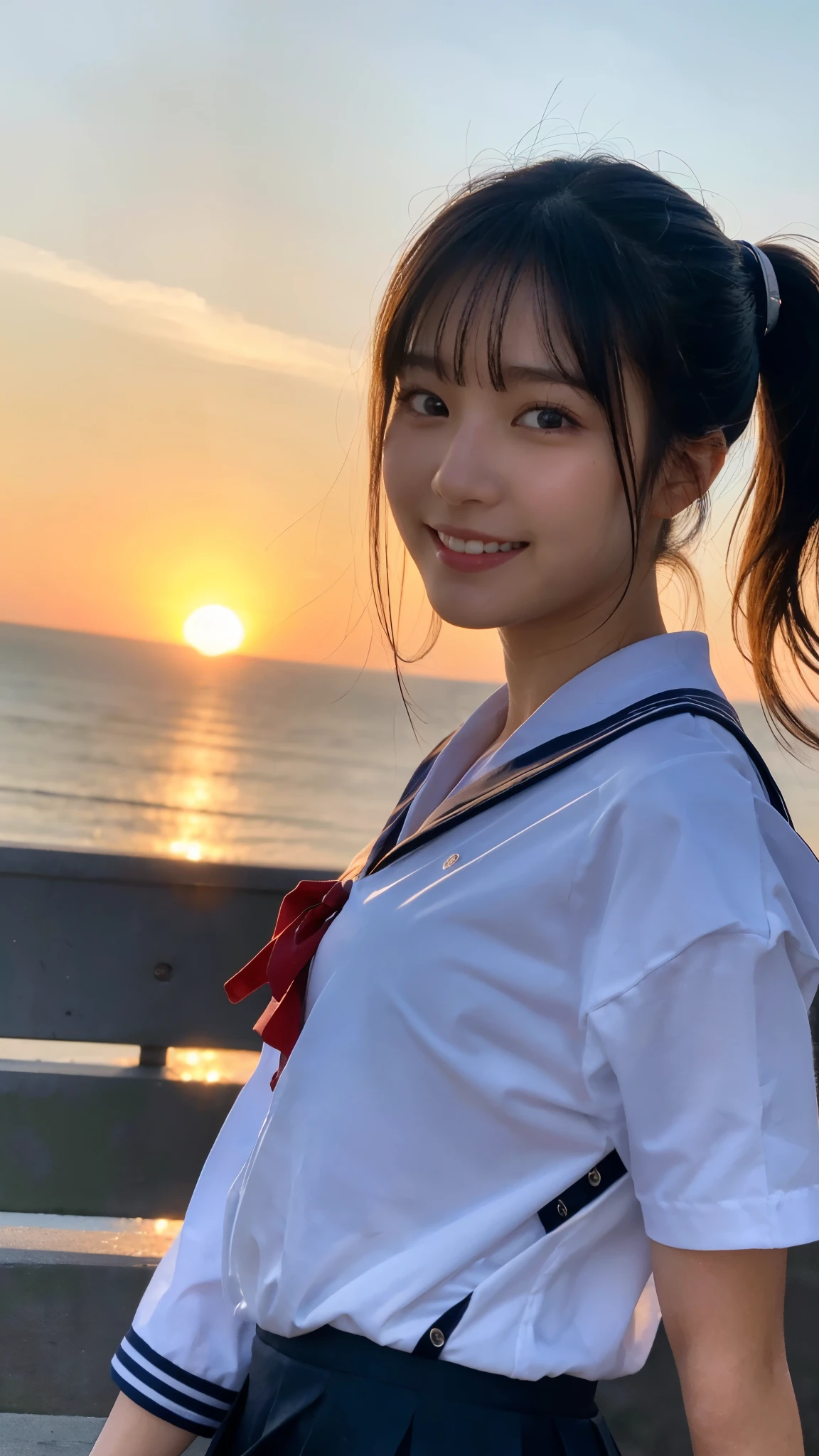(highest quality,masterpiece:1.3,ultra high resolution),(Super detailed,caustics,8k),(photorealistic:1.4,RAW shooting),(A girl turning around with a smile),(buckshot),18-year-old,Japanese,cute,black short ponytail,(hair blowing in the wind),sailor suit,(Skirt in the wind),(face focus),(Face close-up),(low position:1.4),(low angle full body shot:1.4),Backlight,sunset,sunset sky,