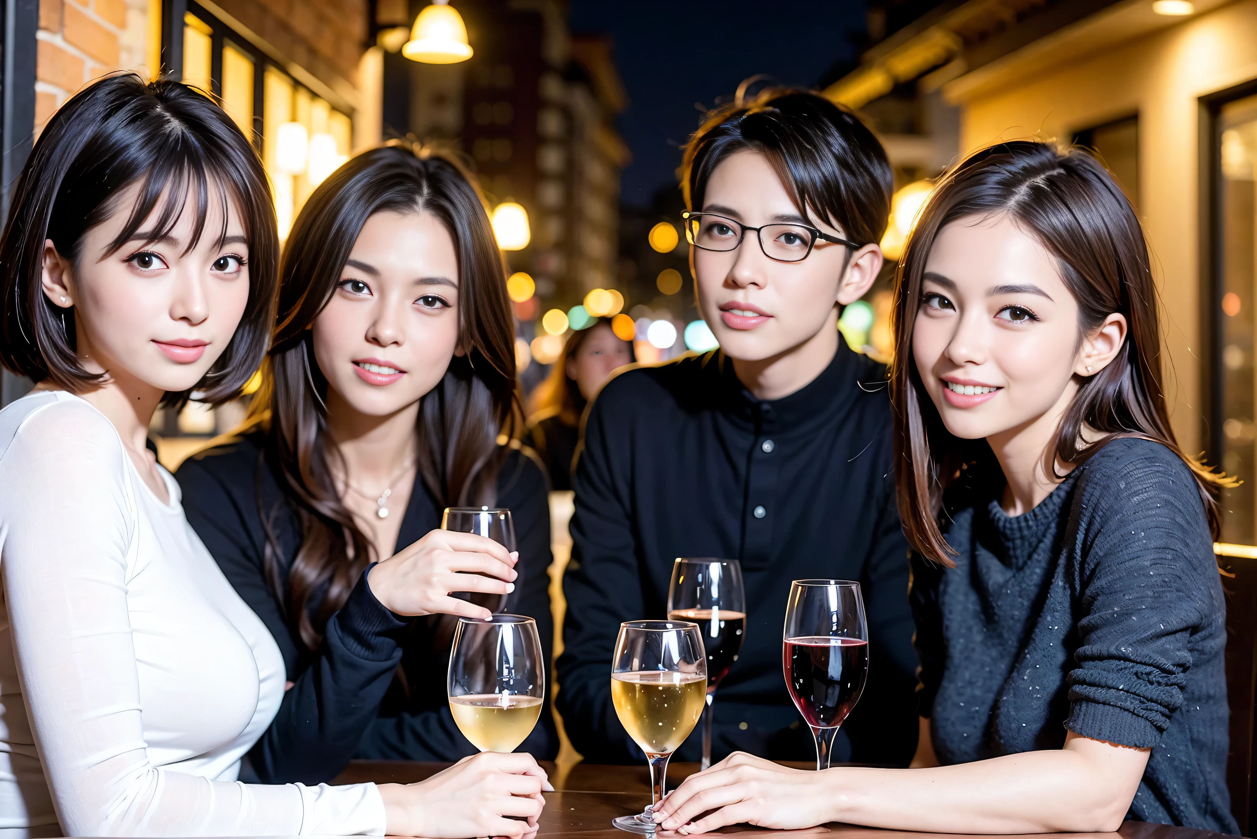 64k, UHD, highest quality, masterpiece: 1.2), (realistic, photorealistic: 1.37), Super detailed, celebration party、beauty、Charm、beautiful mature woman、3 women who love wine、three men、champagne、Sparkling wine、winter night、restaurantでワイン宴会、(slimな男女4名),(Wine party for 5 people)、(slimフェイス),Happy、 最高なsmile、Fox Face、Raccoon face、Berry Short、(because I'thin), (brown hair), (shortcut), long sleeve shirt、winter fashion、Colombia、Brazilian、Japanese、Dutch、German、Portuguese、Belgian、Italian、french, (gushing), (slimボティ), (brown hair), (shortcut), 端正なbeauty、cheeks blush a little, (41 years old), 38 years old, 35 years old、32 years old、 A beautiful and detailed night view spreads out outside the window........, restaurant, wine glassが座っている, At night, in a prominent place (from the Upper body) nova frog style, actress, model, Upper body, White wine, slim, wine glass, very beautiful night view, wine glass Put in the Middle, Happy smile, (smile: 1.15),