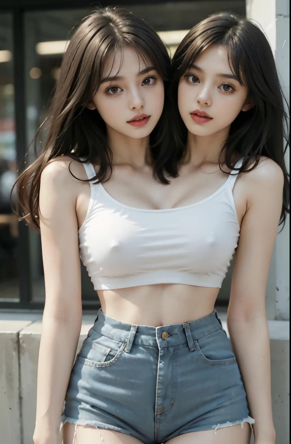Girl in white bra and tight denim skirt, (2 heads:1.2), conjoined_dicephalus, full bodyesbian,With a cropped T-shirt、brassier,Slim body,Larger bust,Slim girl model,18-year-old female model,long leges,upper body,mid - length hair,By bangs,Under the sunlight