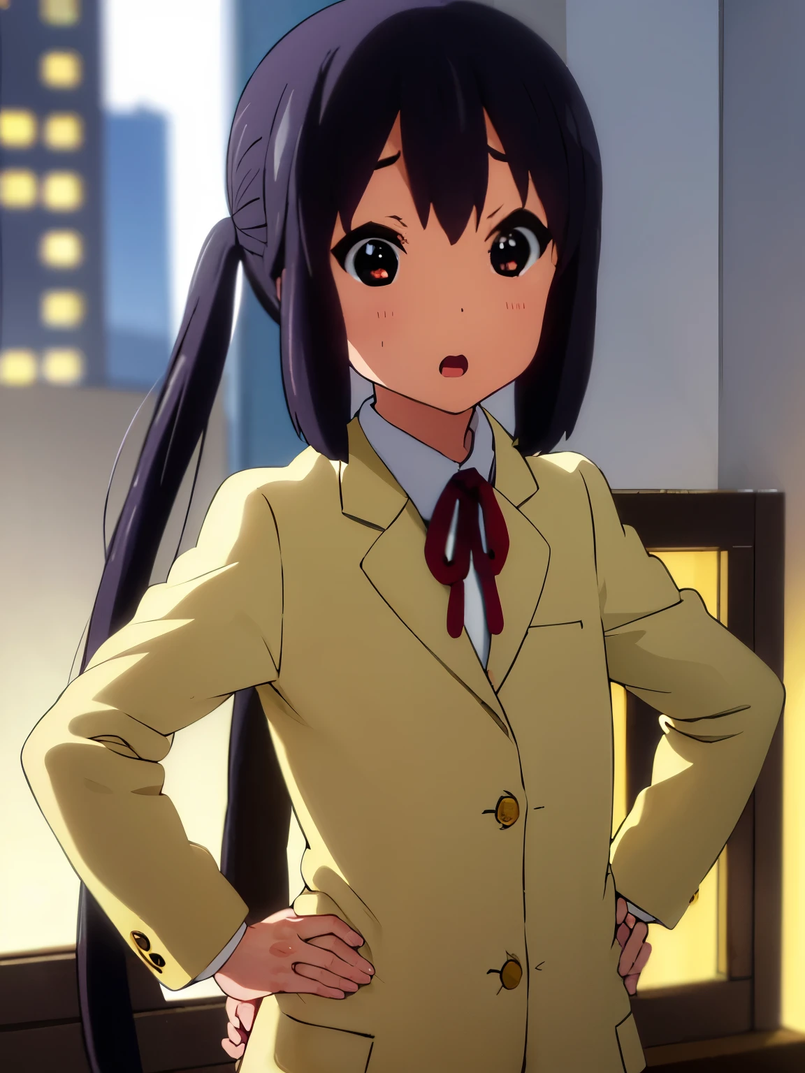 1girl, (((masterpiece))), top-quality, top-quality, High Details, nakano azusa, 1girl, Sakuragaoka High School Uniform,student clothes, Twin-tailed, length hair, A dark-haired, brown-eyed, 独奏, reddish, Dark blue blazer with thin red ribbon, Solid white buttoned shirt under blazer, illustratio, comic strip, soothing tones, Subdued Color, Soft cinematic light, adobe lightroom, photolab, HDR, intricately and hyper-detailed、(((depth of fields))))。(((masterpiece)))。(((top-quality))).)((ultra-detailliert)))。(((illustratio)))。(((takeout))).dynamic focus.small breasts.(((Skyscrapers))).(((A city scape))).(((Face of sadness))). open mouth.(((put hands on the hip))).(((up chest))).