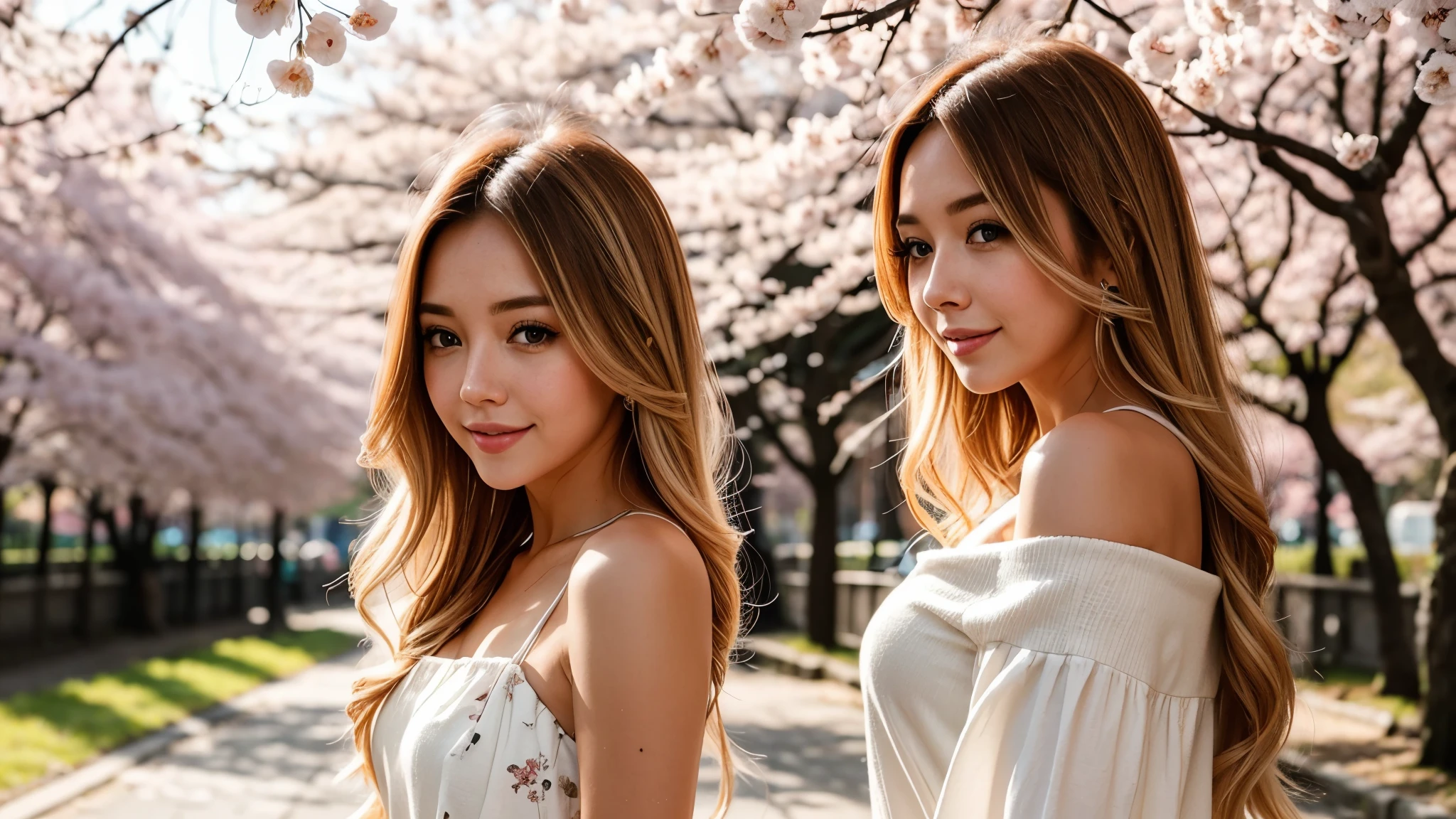 Instagram pictures, a girl with shoulder length hair, light blonde hair, a Close-up photo, Take a walk in the park with cherry blossoms, Japan, smile a little,