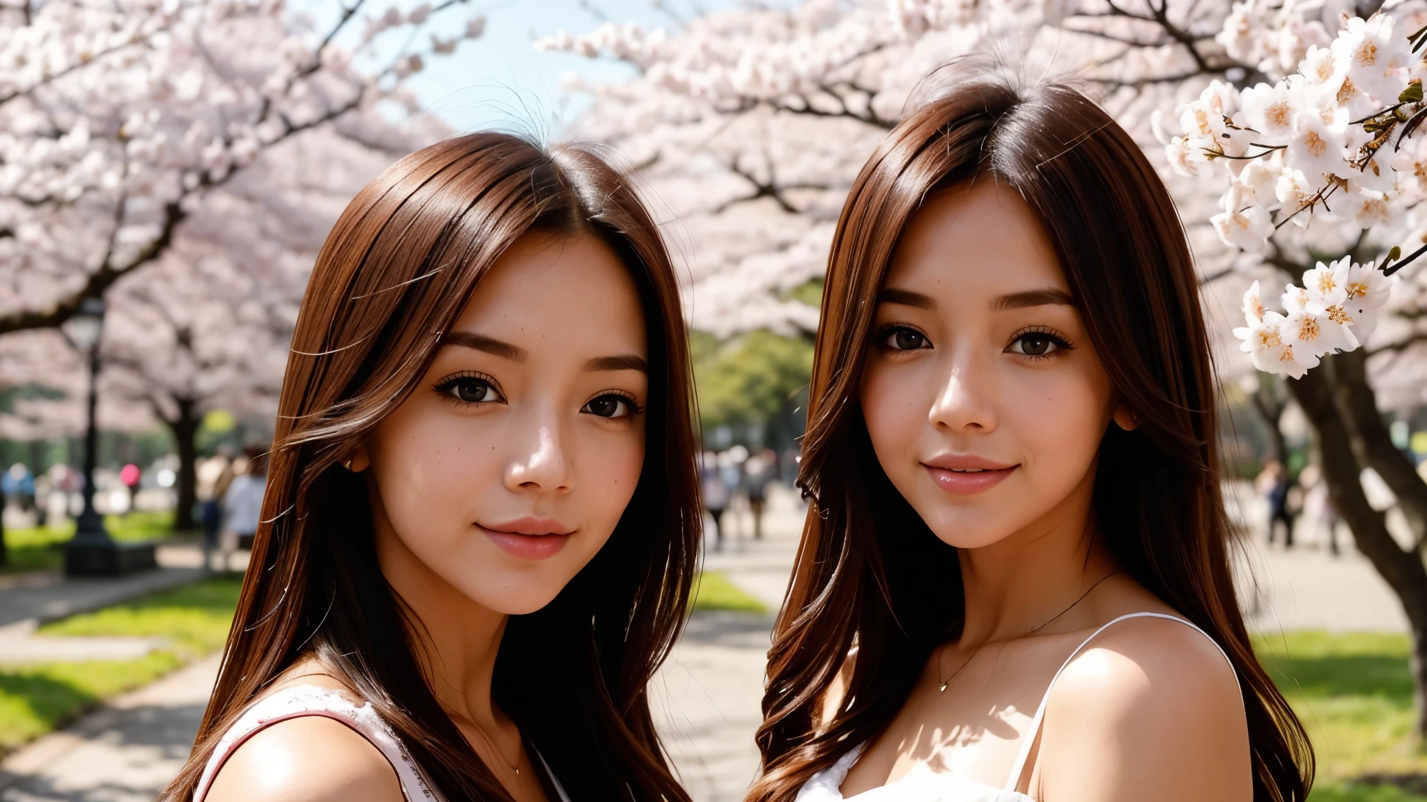 Instagram pictures, a girl with shoulder length hair, light blonde hair, a Close-up photo, Take a walk in the park with cherry blossoms, Japan, smile a little,